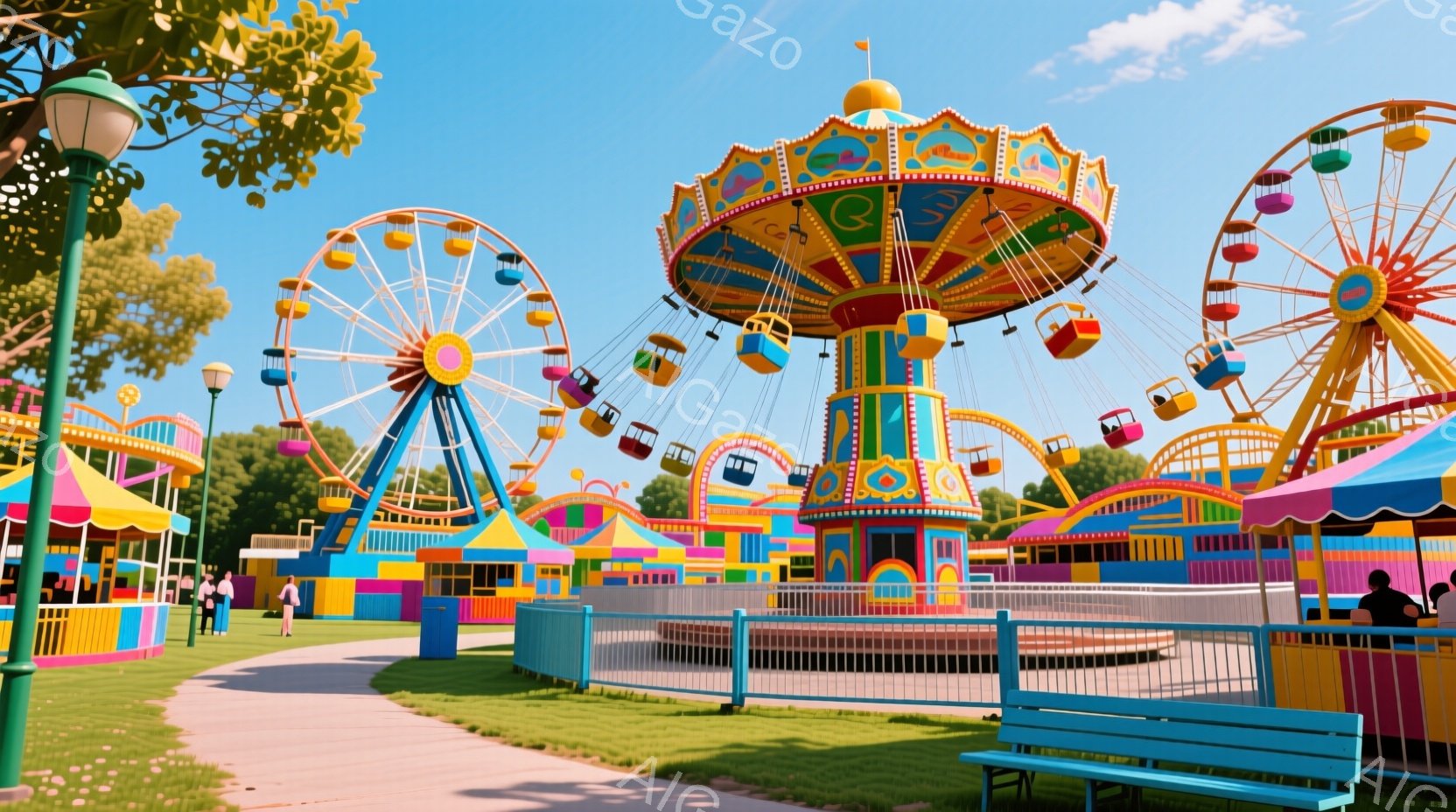 遊園地の風景で、カラフルな観覧車と回転ブランコが目立つ。遊歩道には数人の人々が歩いており、明るい日差しの中、リラックスした雰囲気が漂っている。背景には緑豊かな木々が広がり、青空が広がっている。 - AI生成フリー素材