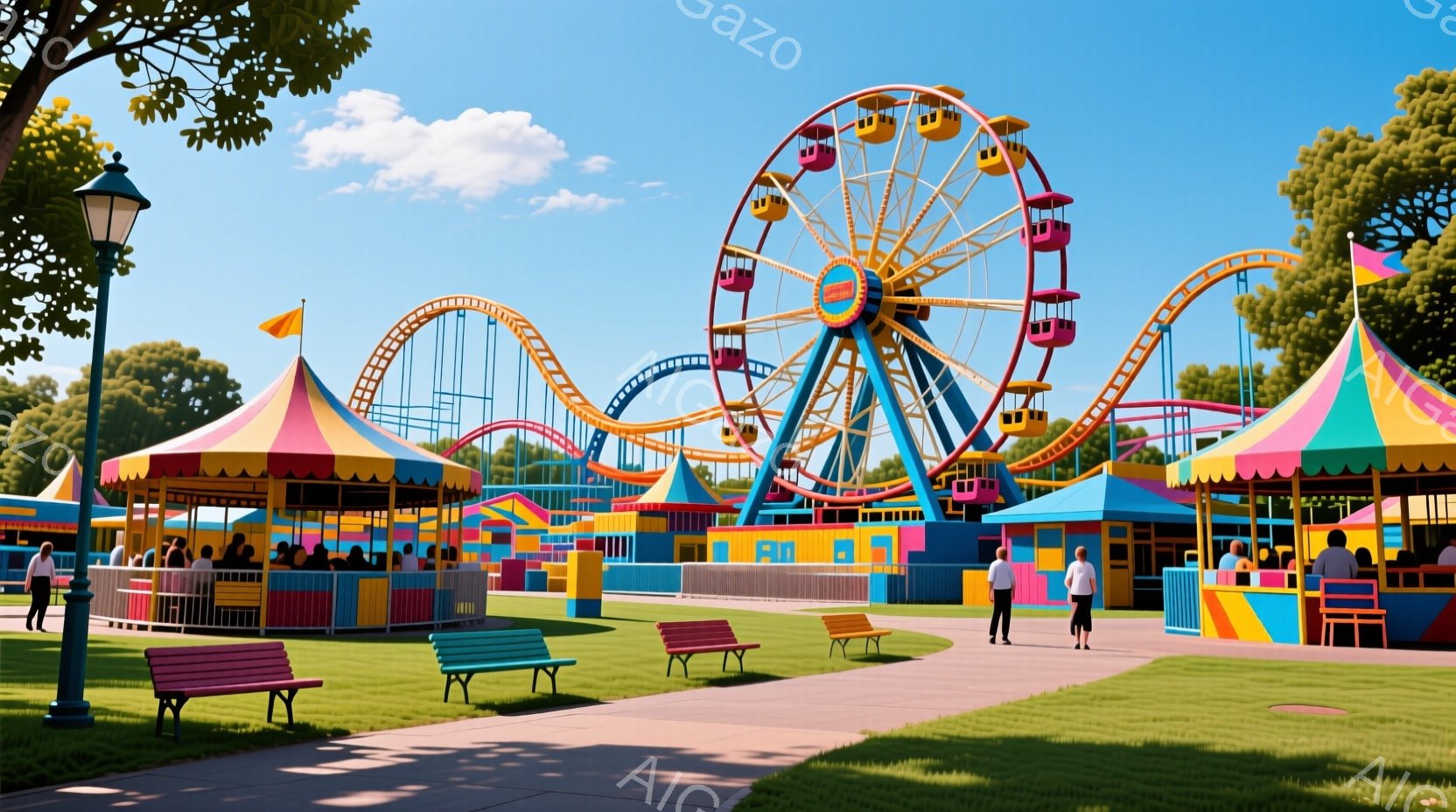 遊園地の鮮やかな風景が広がっています。カラフルな観覧車、ジェットコースター、テントが並び、人々が楽しそうに散歩したり、ベンチで休憩したりしています。空は晴れ、背景には緑豊かな木々が見え、全体的に明るく - AI生成フリー素材