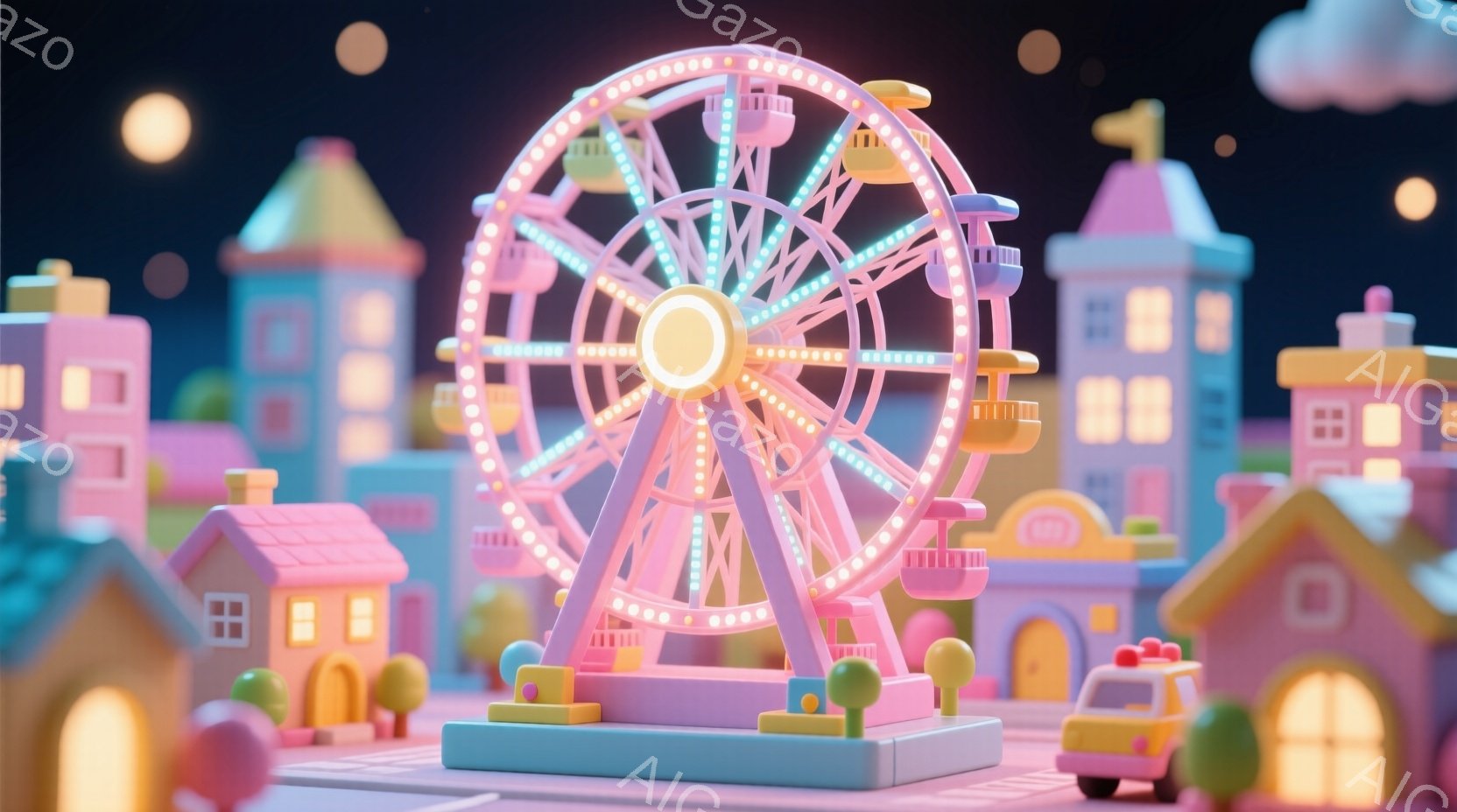 夜空を背景に、ピンクと紫の遊園地が描かれています。建物はカラフルで丸みを帯びたデザインで、まるで子供の絵のような可愛らしい雰囲気です。背景には、丸い光の球が散りばめられており、ファンタジーで夢のような - AI生成フリー素材