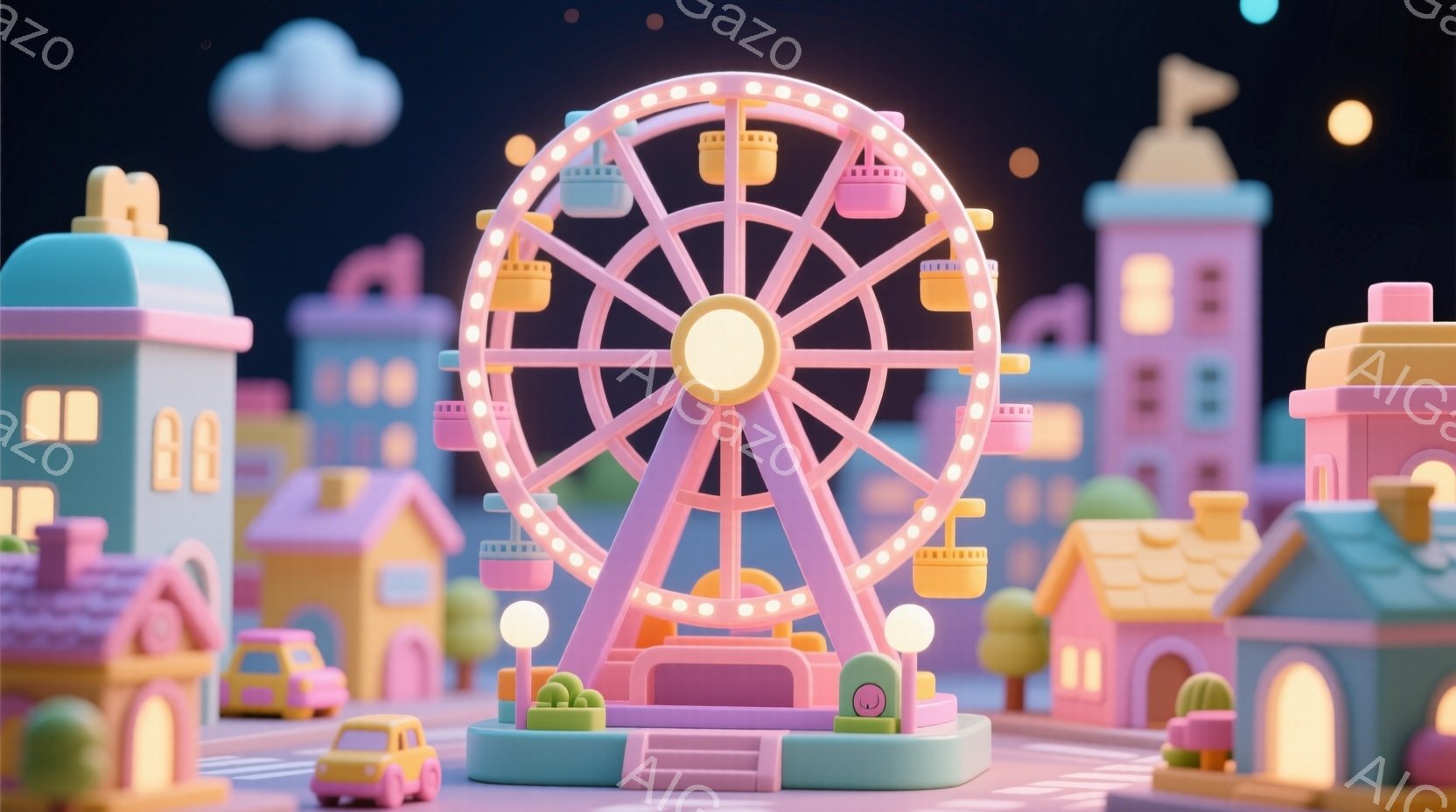 パステルカラーの遊園地を表現した可愛らしいイラストレーションです。ピンク色の観覧車が中央に位置し、周囲にはカラフルな家々や車が配置されています。背景は夜空で、星がいくつか輝いており、全体的に温かく夢の - AI生成フリー素材