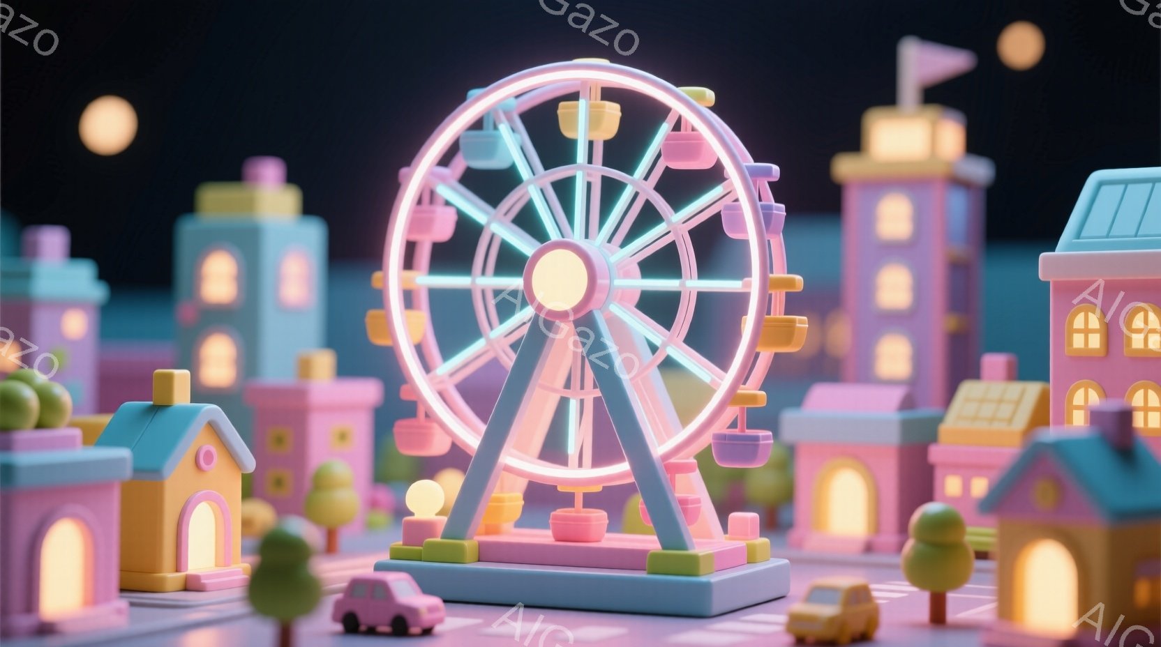 夜空を背景に、パステルカラーの遊園地が広がっています。ピンクと紫色の観覧車が中央にそびえ立ち、周囲には可愛らしい建物や車が配置されています。全体的に暖かく、夢のような雰囲気が漂っています。 - AI生成フリー素材