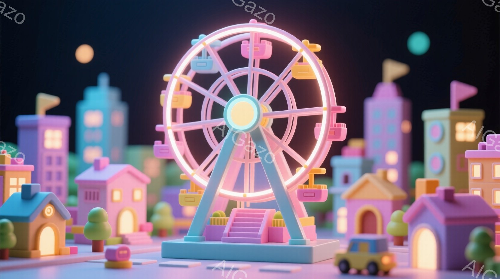パステルカラーで構成された遊園地のジオラマです。ピンク色の観覧車が中央にそびえ立ち、周囲にはカラフルな家々や木々が配置されています。夜空には月と星が輝き、全体的に夢のような、遊び心のある雰囲気を醸し出 - AI生成フリー素材