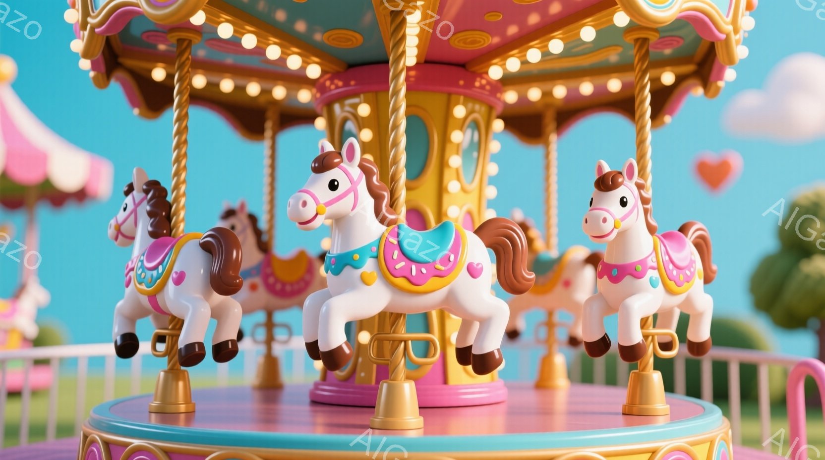 美しいメリーゴーランドの馬が回転しており、それぞれがピンクと水色の装飾が施された鞍を背負っています。馬たちは微笑んでおり、それぞれのたてがみは茶色とピンクのグラデーションで、華やかな雰囲気を作り出して - AI生成フリー素材