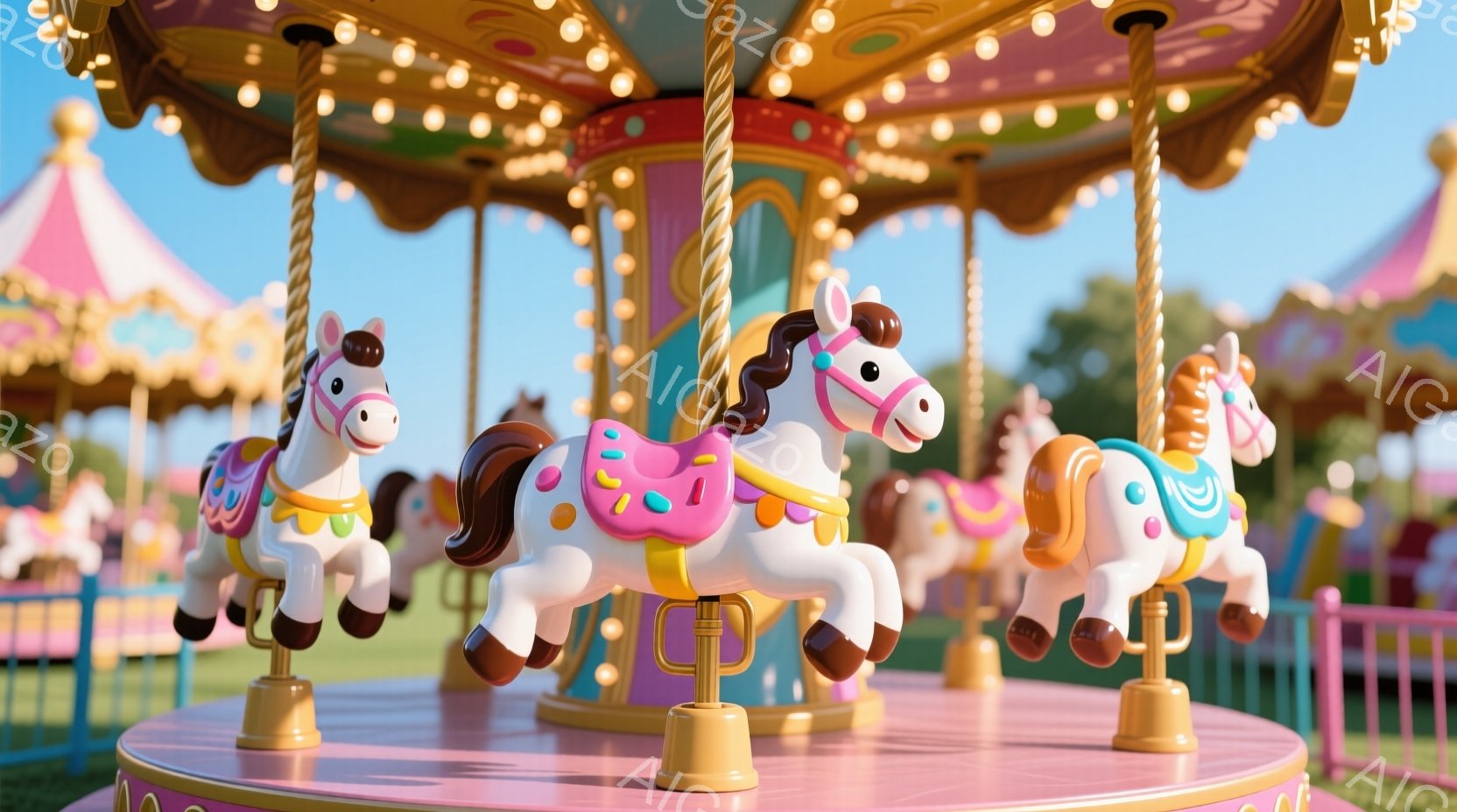美しい回転木馬が映っており、白、ピンク、茶色などのパステルカラーの馬が並んでいます。背景にはピンク色のテントや緑の木々が見え、晴れた空が広がっており、お祭りや遊園地の楽しい雰囲気が漂っています。全体的に明るく、夢のような色彩と暖かな光が、心地よい印象を与えます。