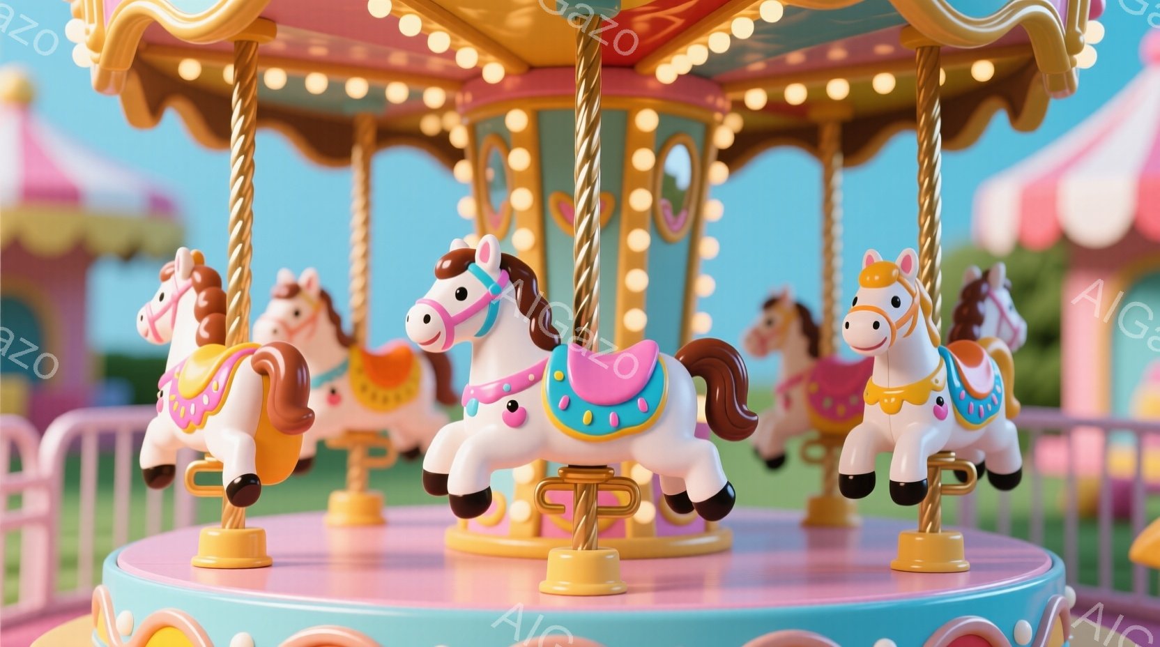 明るい青色のメリーゴーランドが写っており、白を基調とした可愛らしい馬が並んでいる。それぞれの馬は、ピンクや水色、黄色などのカラフルな装飾が施され、楽しげな雰囲気を醸し出している。背景にはパステルカラー - AI生成フリー素材