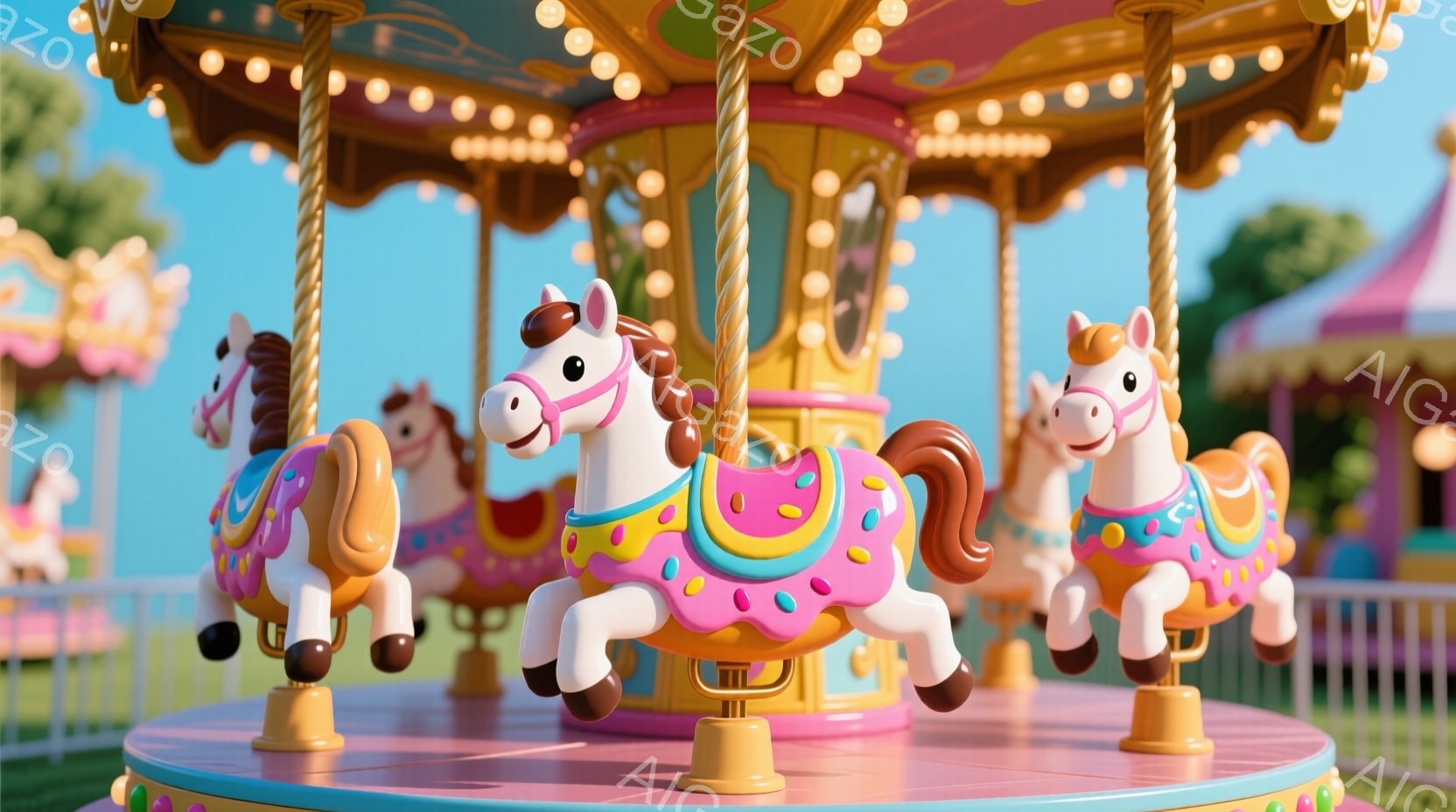 見るからに可愛らしいメリーゴーランドの馬が描かれています。ピンクと水色の装飾が施された馬たちは、微笑みを浮かべ、優雅に回転しています。背景には、青空の下、パステルカラーの建物が見え、明るく楽しい雰囲気 - AI生成フリー素材