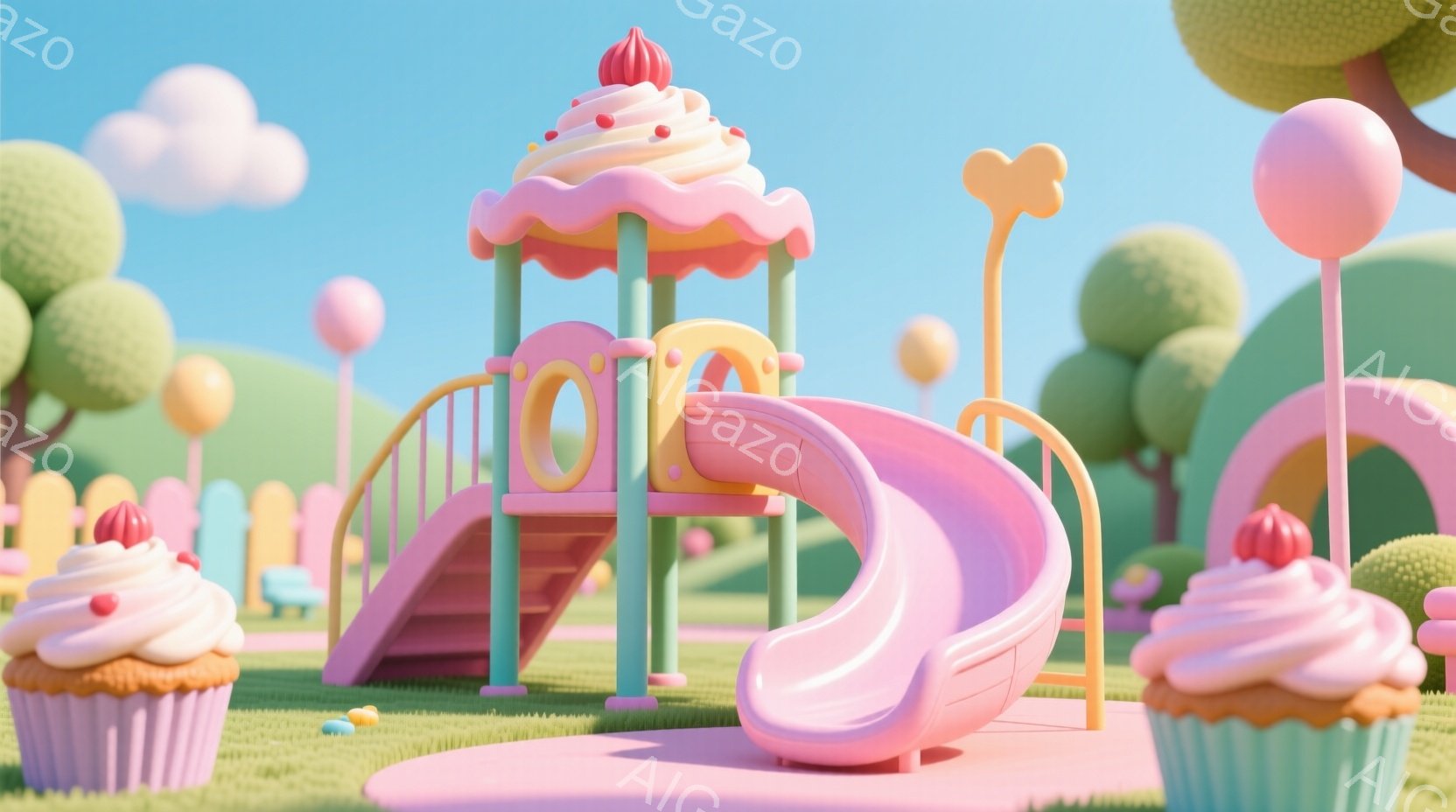 ピンクとパステルグリーンのカラフルな遊園地を描いています。遊具はすべて巨大なカップケーキやキャンディーの形をしており、背景には丸い樹木やパステルカラーのフェンスが広がっています。全体的に甘くて夢のような、おとぎ話のような雰囲気です。