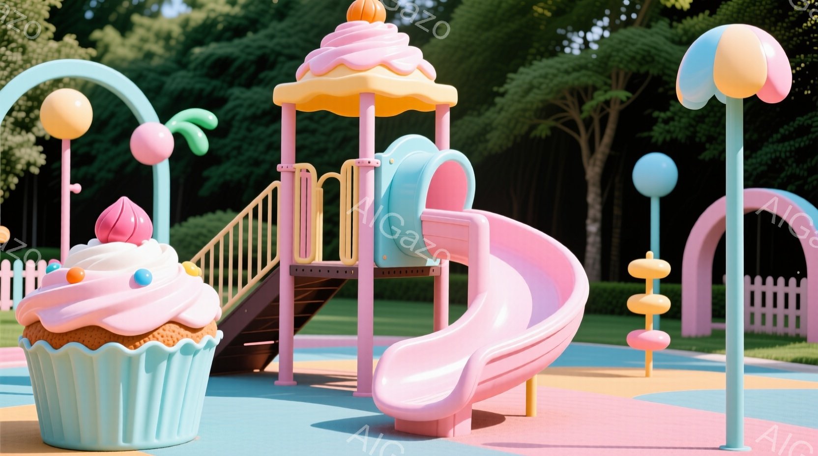 鮮やかなピンクと水色の遊具が並ぶ遊園地の一角です。巨大なカップケーキ型の遊具や、滑り台、アーチ型の装飾が可愛らしい雰囲気を醸し出しています。背景には緑豊かな木々が見え、晴天の下、楽しげな空間が広がっています。