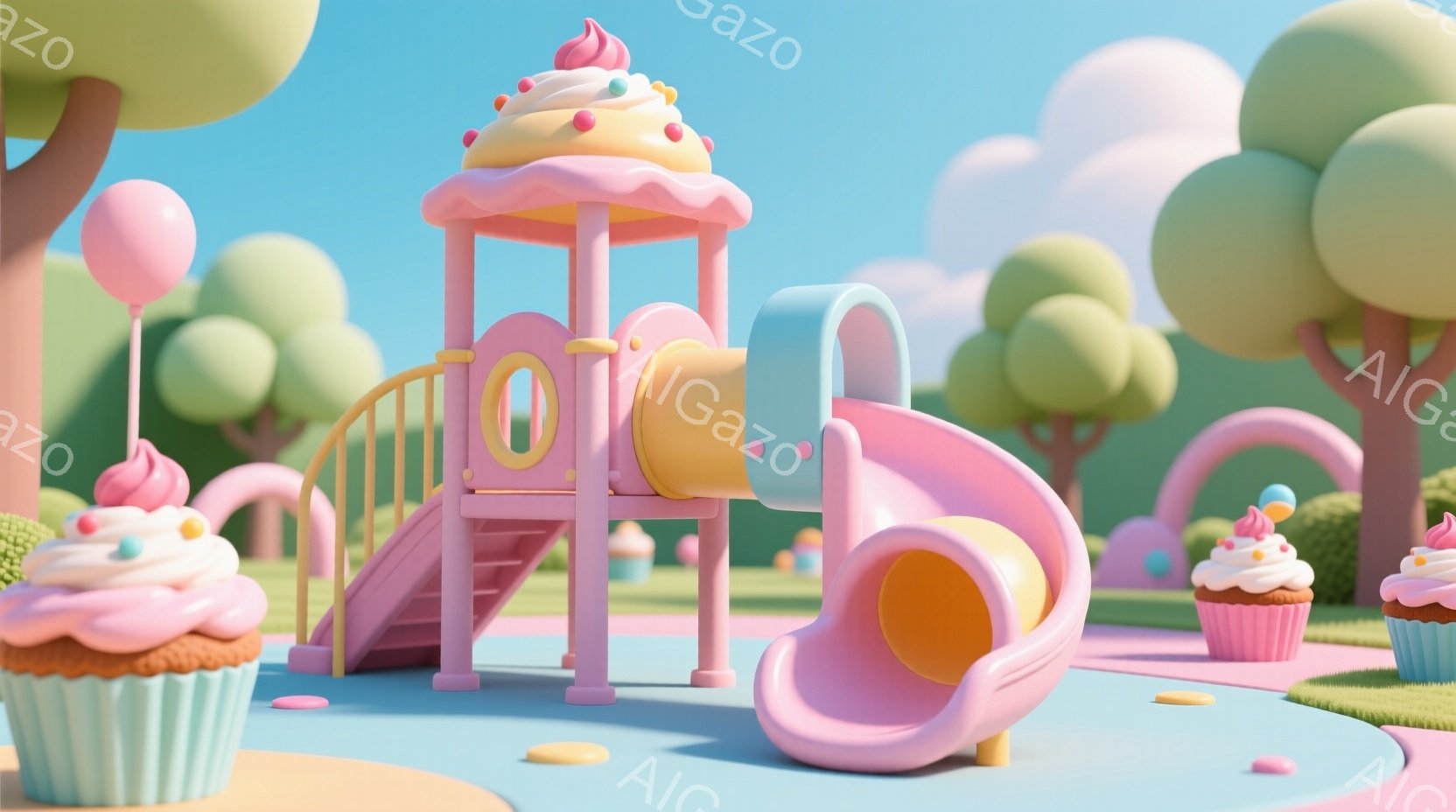 明るいパステルカラーで統一された遊園地のような風景が描かれています。ピンクの滑り台と黄色いトンネルが特徴的な遊具が中央に配置され、周囲にはカップケーキを模した茂みが点在しています。背景には丸みを帯びた緑色の樹木が広がり、全体的に夢のような、お菓子の国のような雰囲気です。