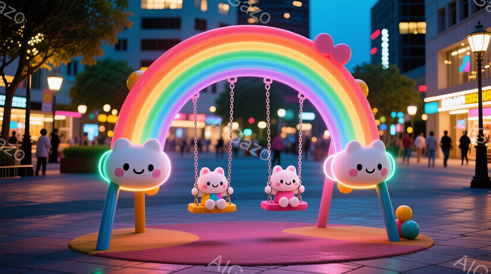 カラフルな虹色のブランコが公園に設置されており、雲の形をした可愛らしいキャラクターが左右のブランコに乗っています。背景には夜の街並みが広がり、ぼやけた人影や光る建物が見え、暖かい雰囲気を作り出しています。全体的にパステルカラーが使用されており、夢のような幻想的な世界観を表現しています。
