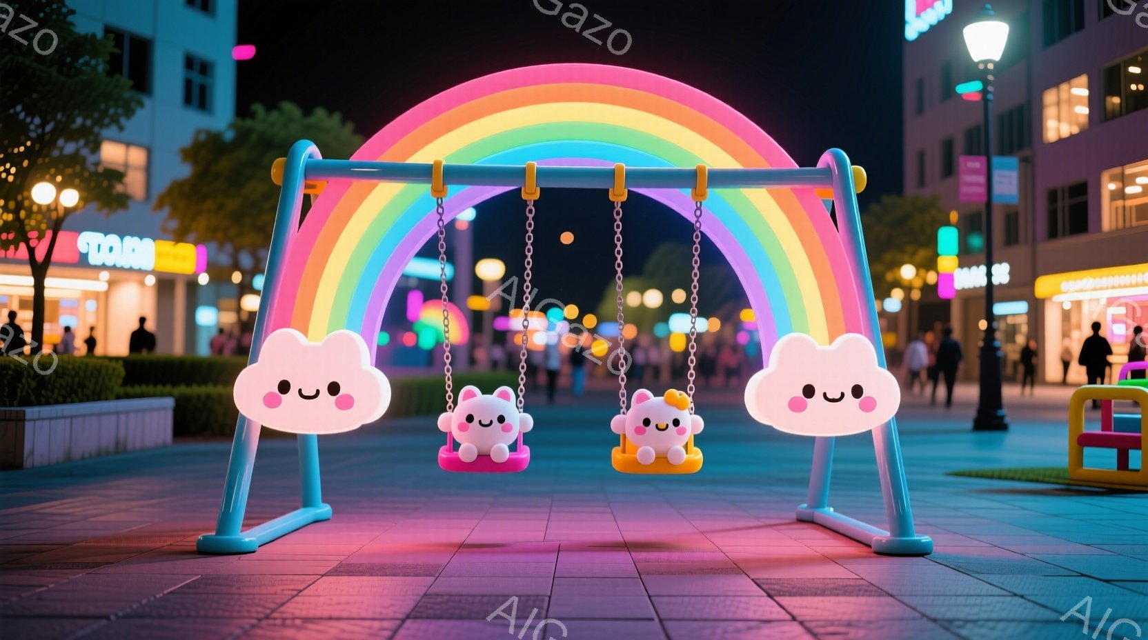 夜の街並みを背景に、虹色のブランコが設置されています。ブランコには、可愛らしい笑顔を浮かべた雲の形をしたクッションが吊り下げられており、ピンクと黄色の2つが存在します。背景には、明るい光を放つ店舗や街 - AI生成フリー素材