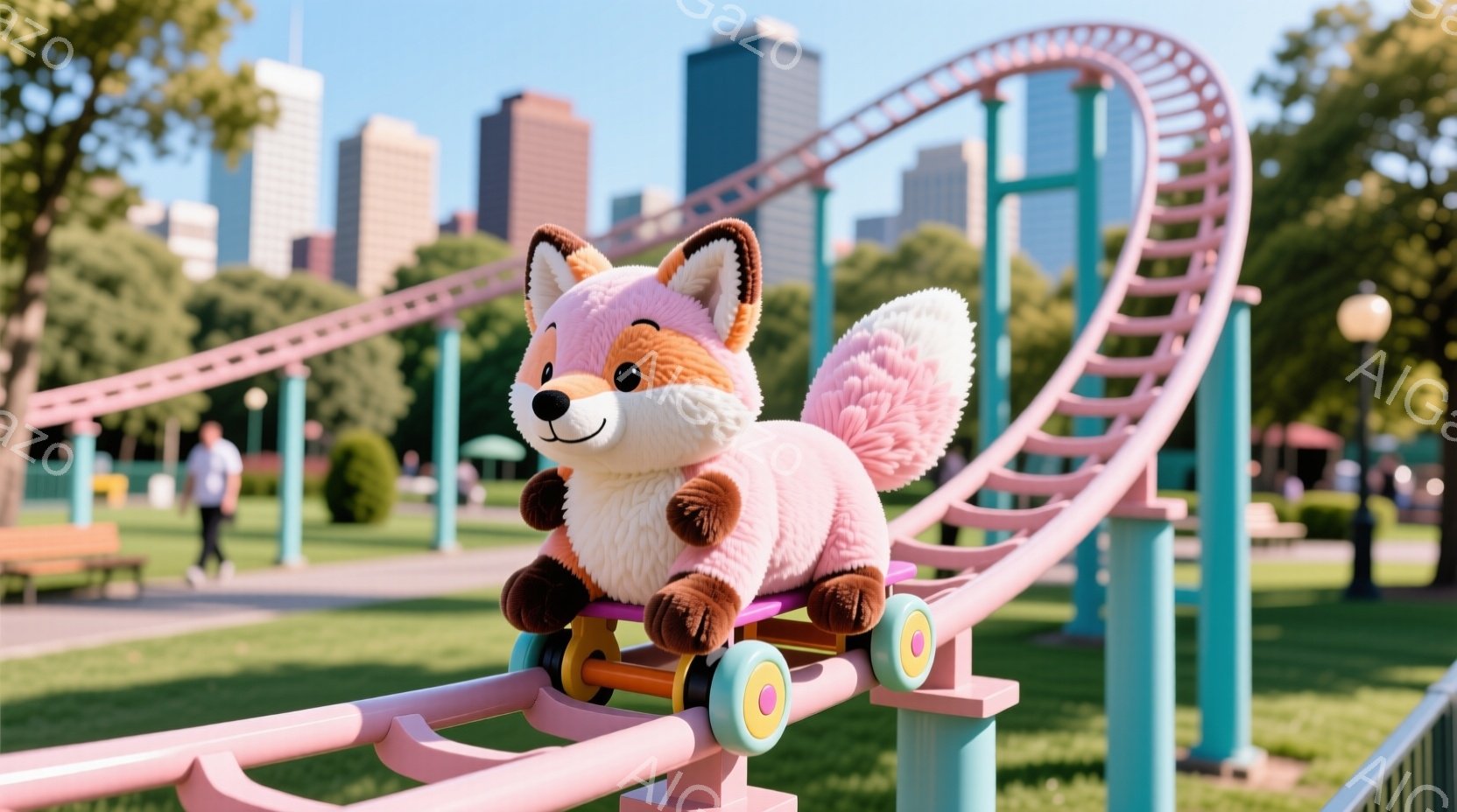 柔らかいピンク色の毛並みを持つぬいぐるみのようなキツネが、水色の遊園地コースターのレールの上を乗る車両に乗って移動している。背景には緑豊かな公園と、遠くに見える都市の建物群が広がっており、晴れた日の穏やかな雰囲気が感じられる。コースターの鮮やかな色彩と、キツネの愛らしい表情が、遊び心あふれる情景を作り出している。