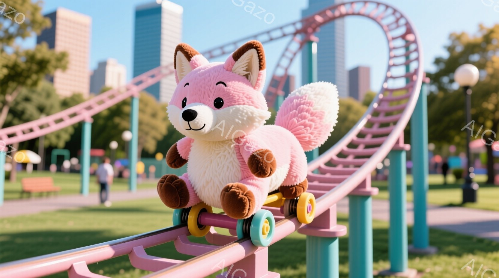 ピンク色のふわふわしたキツネのぬいぐるみがおもちゃのローラーコースターの上を滑っている様子が描かれています。背景には緑の芝生と木々、そして遠くには高層ビル群が広がっており、晴天で穏やかな雰囲気です。コ - AI生成フリー素材
