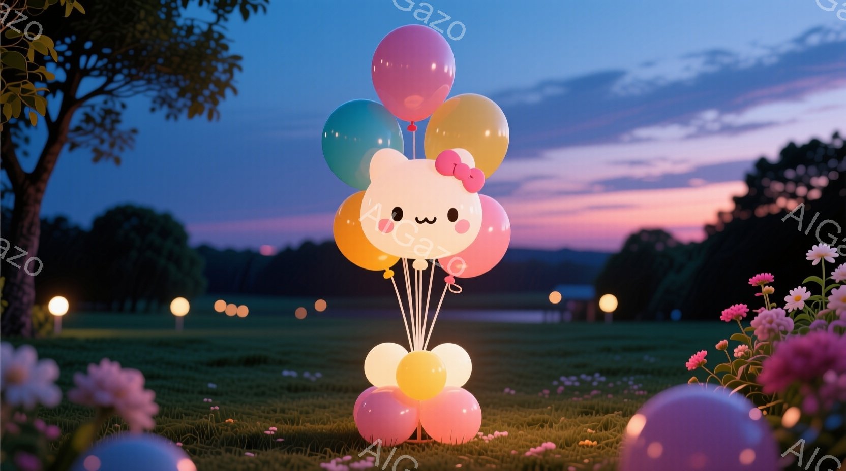 鮮やかな色の風船が、まるで生きているかのように草原に浮かんでいます。風船はピンク、紫、黄色、白など様々な色で、可愛らしい笑顔の顔がついており、頭には小さなリボンがあります。背景には緑の芝生、咲き誇る花 - AI生成フリー素材