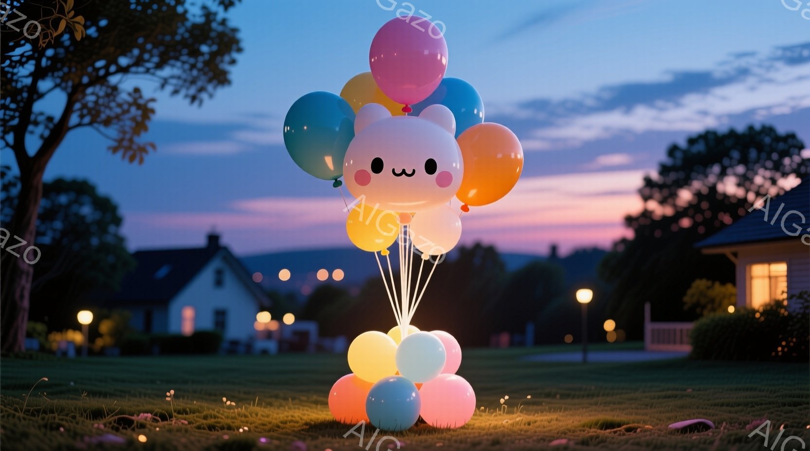 空には夕焼けが広がり、緑の芝生の上にはカラフルな風船の集合体が浮かんでいます。風船たちは白い雲のような顔を持ち、愛らしい表情を浮かべています。背景にはライトアップされた家々が見え、穏やかで幻想的な雰囲気を醸し出しています。