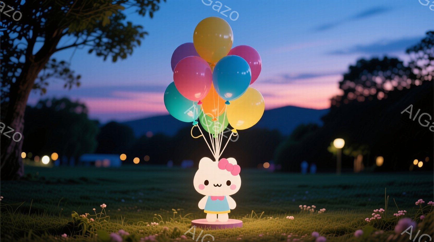 白い背景に、ピンクのリボンをつけた可愛らしいキティちゃんが立っており、たくさんのカラフルな風船に支えられています。キティちゃんは微笑んでおり、その下には緑の草地と小さな花々が広がっています。背景には、夕焼け空と遠くの山々が見え、幻想的で平和な雰囲気を醸し出しています。