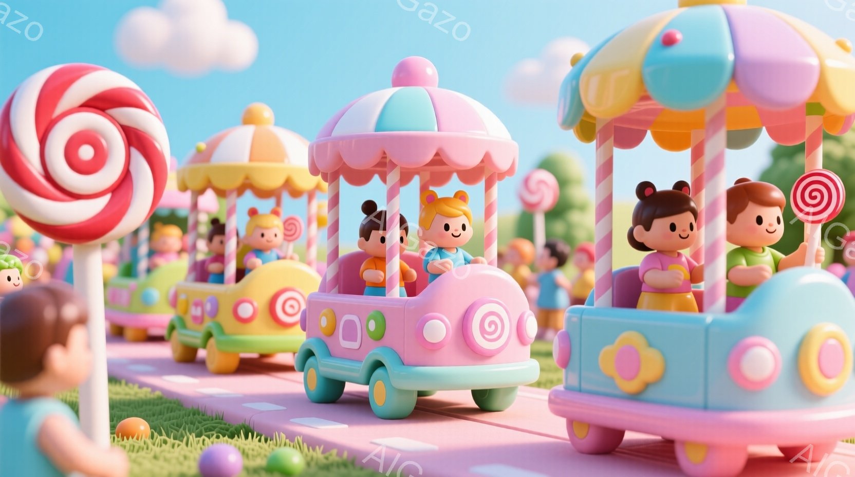 カラフルな遊園地の様子で、可愛らしい子供たちが小さな車に乗っています。子供たちはそれぞれ異なる色の服を着ており、笑顔で楽しんでいます。背景には、キャンディのような装飾や緑の芝生が広がり、晴れた空の下、 - AI生成フリー素材