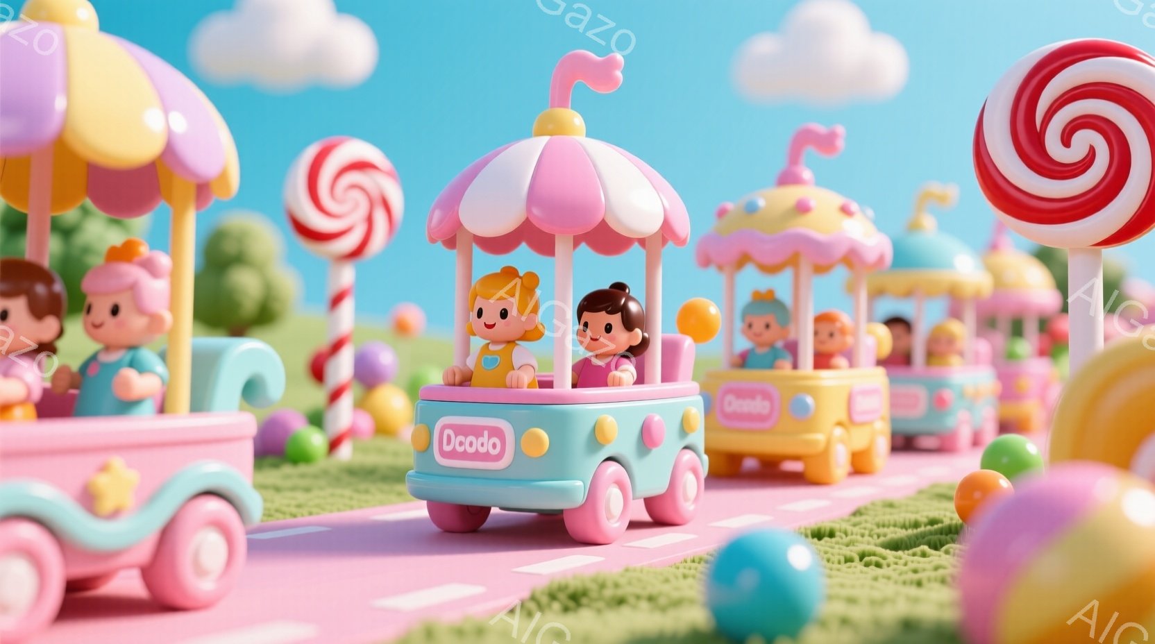 カラフルなキャンディの世界を模した遊園地のような風景が広がっています。小さな子供たちが、それぞれピンクと水色の可愛い車に乗って遊んでいます。背景には巨大なキャンディやカラフルなボールが散りばめられてお - AI生成フリー素材