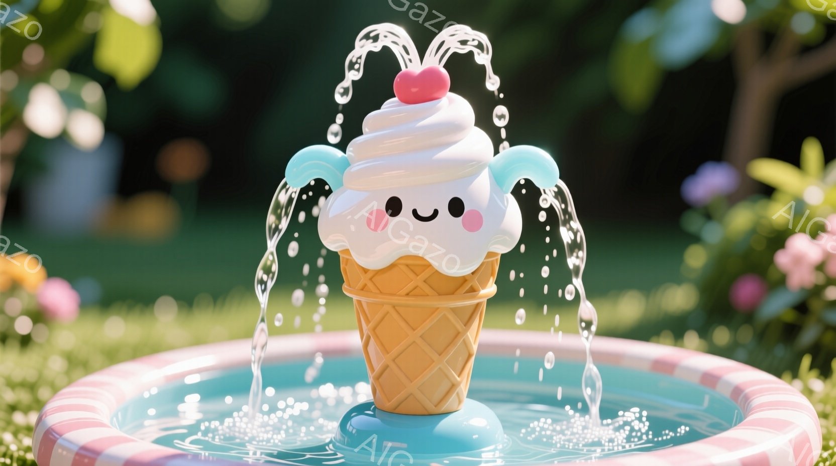 鮮やかなピンク色の縁取りが施された水色のプールの中に、ソフトクリームの噴水が設置されています。ソフトクリームは、コーンの上に乗っており、可愛らしい顔をしていて、水が流れ落ちています。背景には緑豊かな芝 - AI生成フリー素材