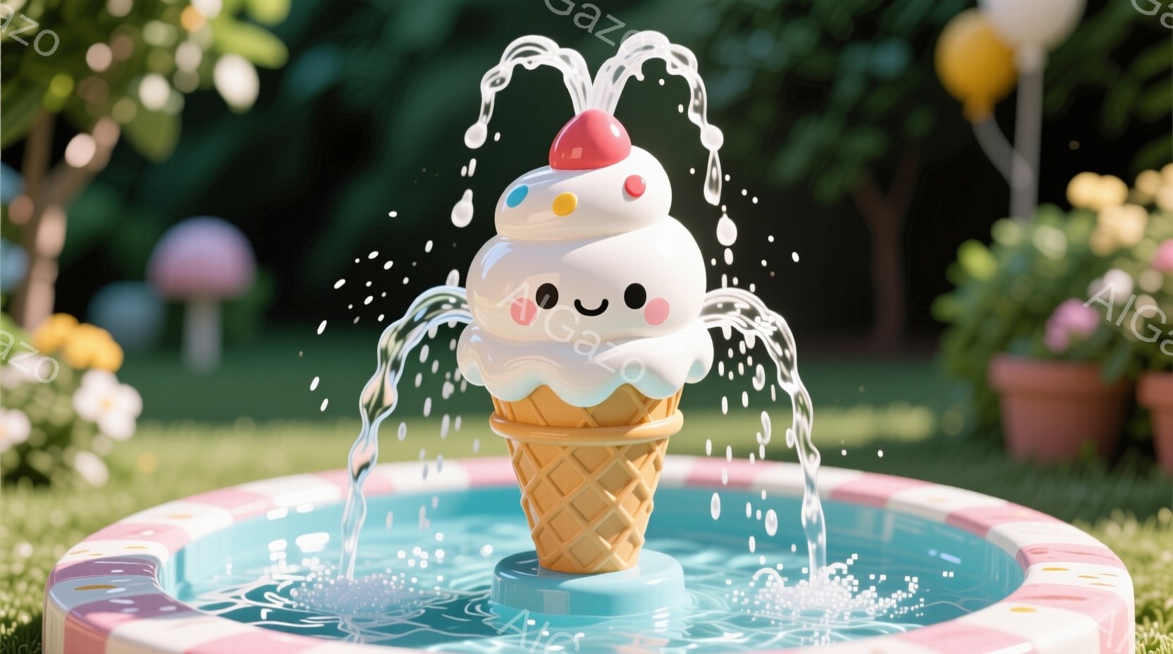 鮮やかなピンク色の縁取りのある円形の噴水の中に、可愛らしいアイスクリームが立っています。アイスクリームはコーンと、上には赤い果実とカラフルなトッピングが飾られており、愛らしい表情をしています。背景には、植物や花が咲き乱れ、おとぎ話のような雰囲気で、明るく暖かい日差しが差し込んでいます。