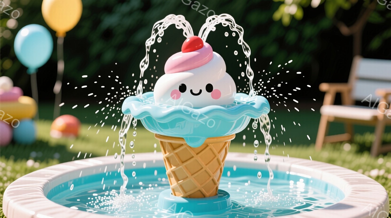 鮮やかな青いプールの中に、アイスクリームを模した噴水が設置されています。クリーム部分は白く、上にはピンク色のトッピングがあり、コーン部分は茶色でザラザラとした質感です。背景には緑の芝生と、ぼやけたパス - AI生成フリー素材