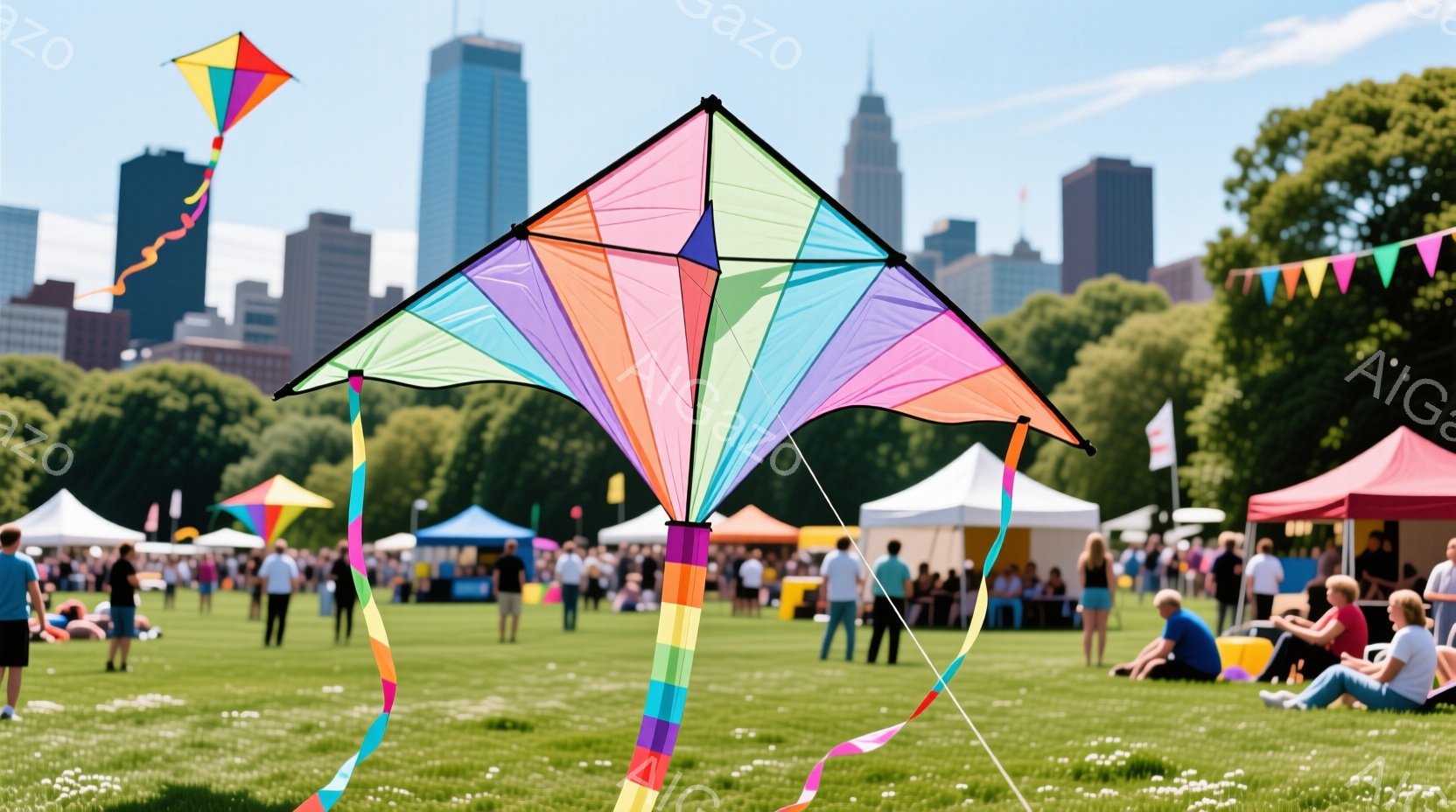 広々とした緑の芝生の上空には、虹色に輝く大きな凧が舞っている。背景には高層ビル群が並び、テントが立ち並ぶイベント会場では人々がリラックスして座ったり、散策したりしている様子が見える。晴天の下、凧と緑、そして賑やかなイベント会場が相まって、明るく活気のある雰囲気が漂っている。