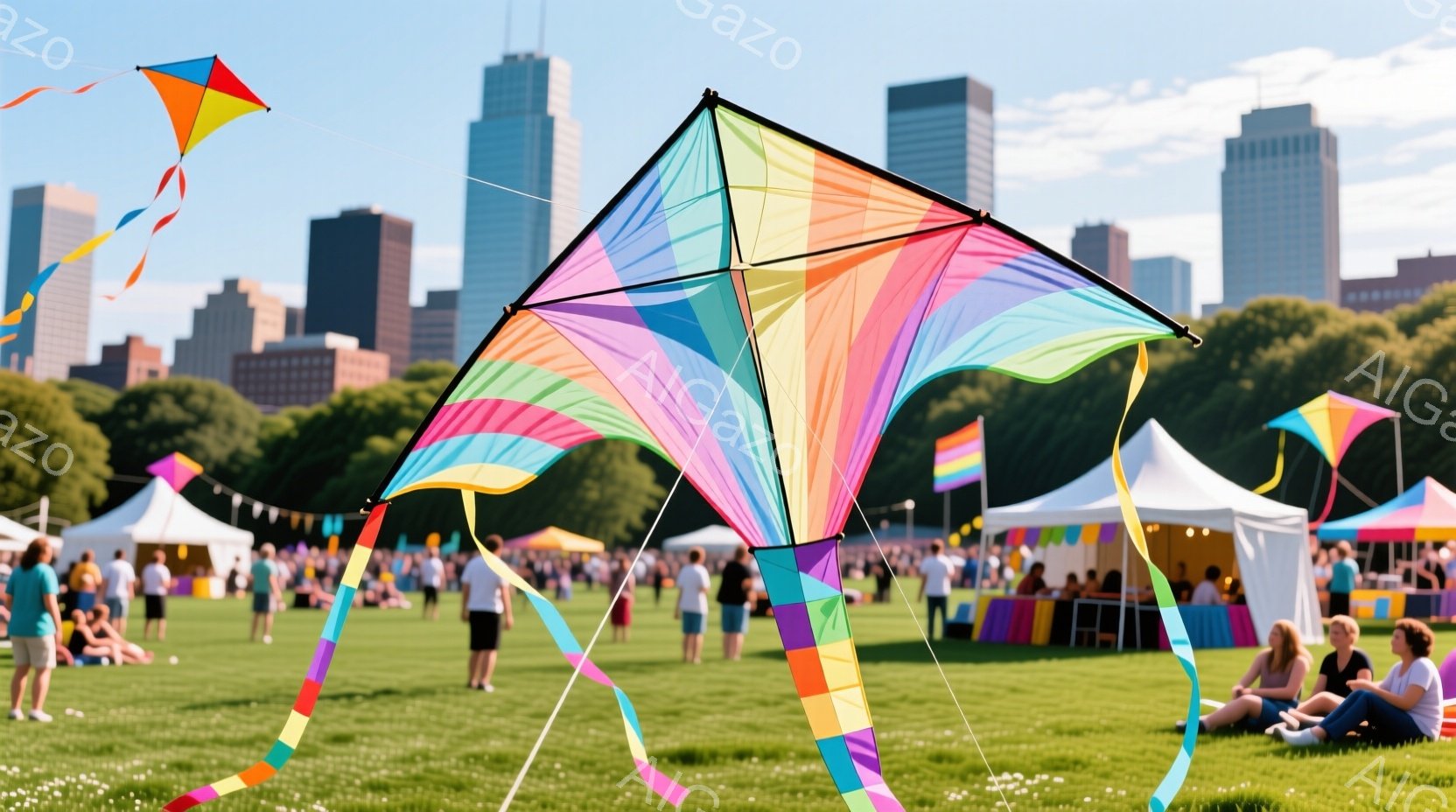 広大な緑の芝生の上には、虹色に輝く大きな凧が空高く舞い上がっている。背景には近代的な高層ビル群が立ち並び、青空の下、多くの人々がピクニックを楽しんでいる様子が見える。全体的に、晴れた日の公園での賑やかなイベントの雰囲気で、楽しさと開放感が感じられる。