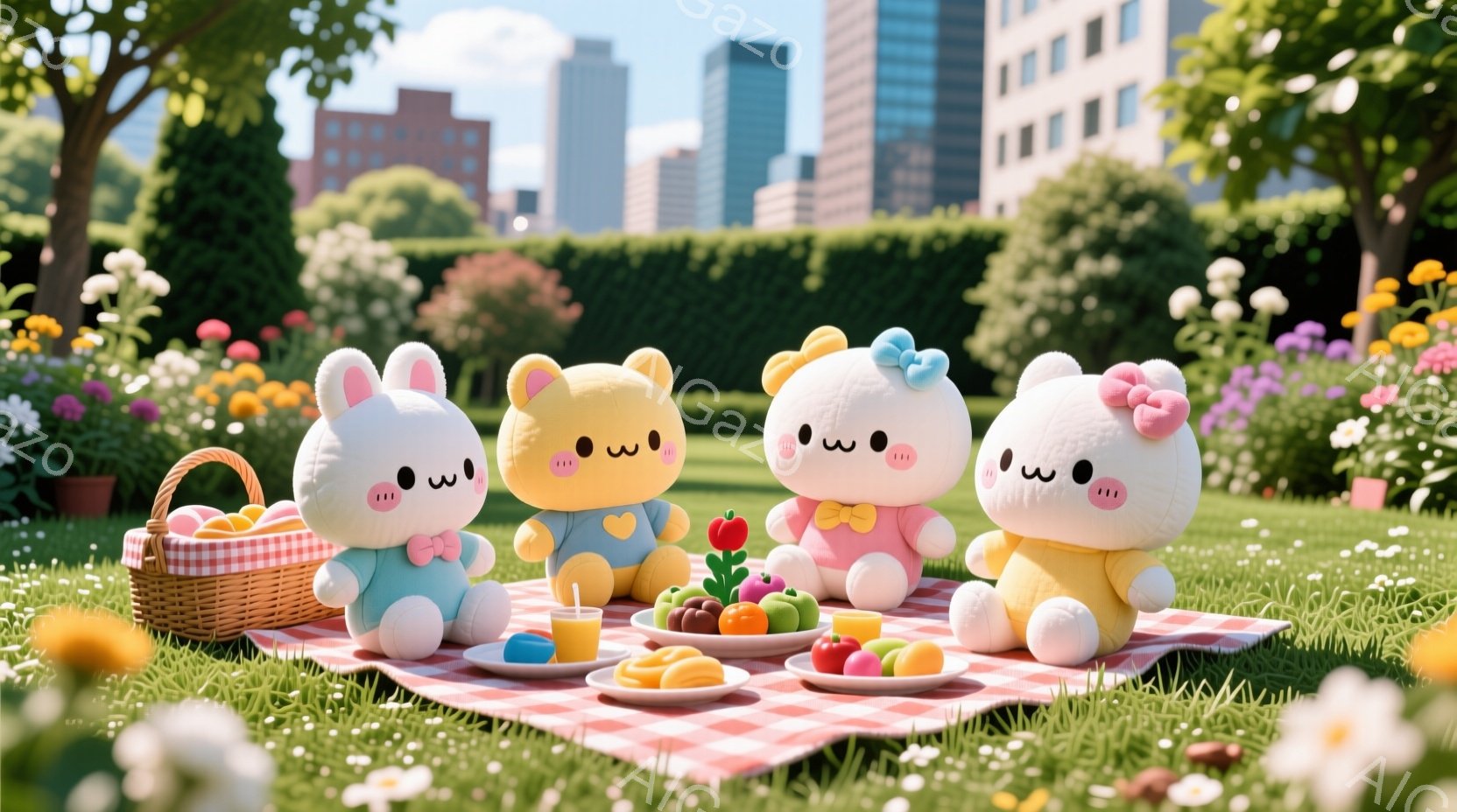 緑豊かな公園の芝生の上で、ふわふわしたウサギのぬいぐるみたちがピクニックを楽しんでいます。それぞれ異なるパステルカラーの服を着ており、愛らしい表情を浮かべています。背景には高層ビルがそびえ立ち、晴れた空の下、カラフルな花々が咲き乱れる、穏やかで夢のような雰囲気です。