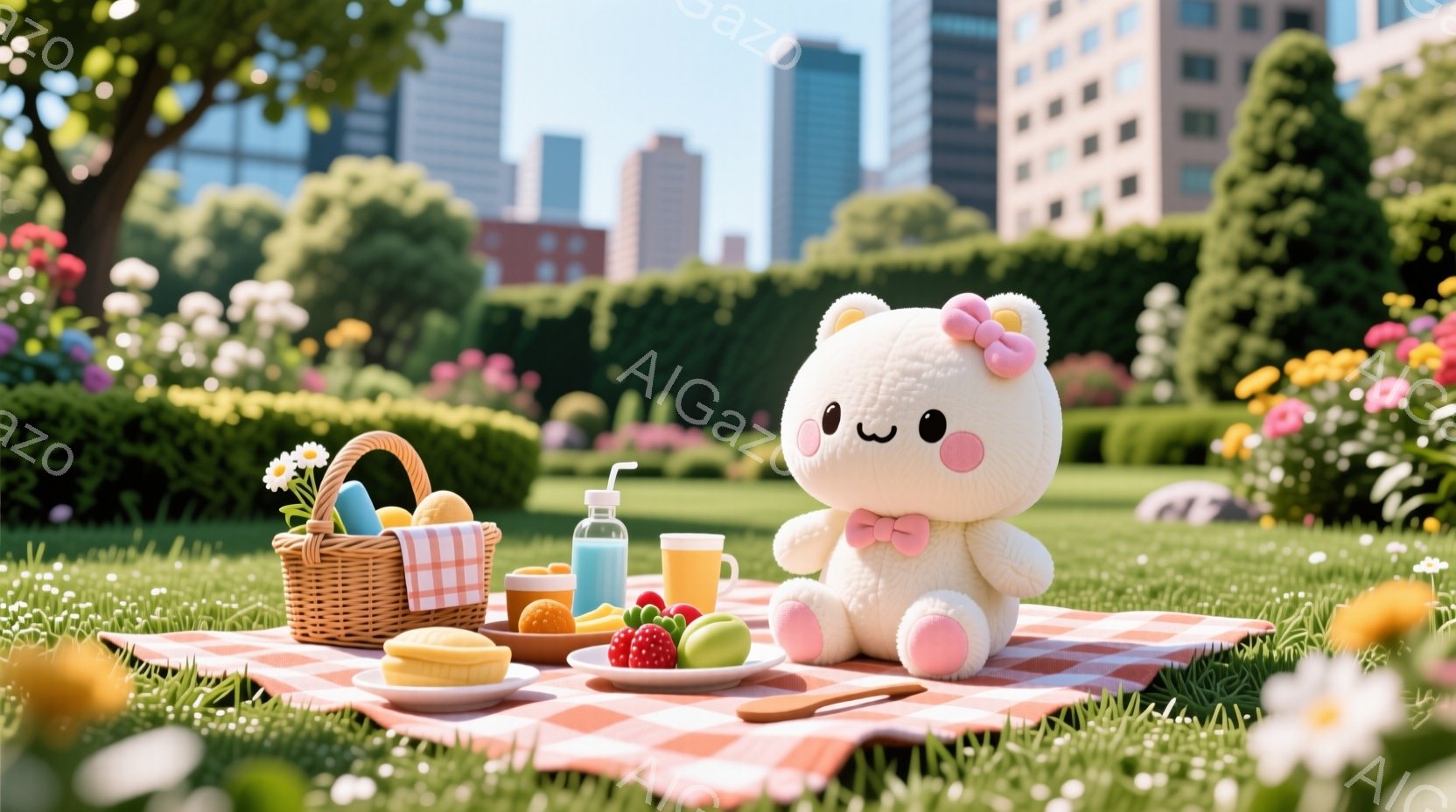 明るい緑の芝生の上に、赤いチェック柄のピクニックシートが敷かれ、可愛らしいピンク色のクマのぬいぐるみが座っています。クマはリボンと蝶ネクタイをつけており、大きなつぶらな瞳で微笑んでいます。背景には、緑 - AI生成フリー素材