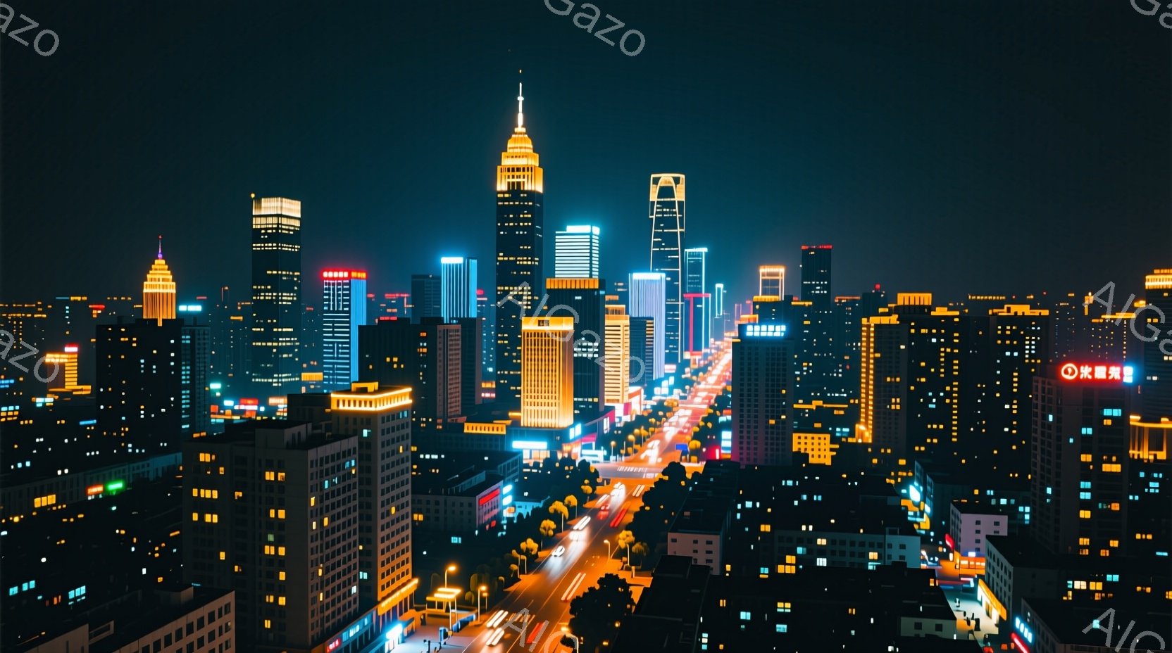 夜景が広がる都市の風景で、高層ビル群が光り輝いている。道路には車の光の筋が伸び、街全体が活気に満ちた雰囲気を醸し出している。建物は様々な高さとデザインを持ち、背景にはわずかな緑が見え、都市と自然の調和 - AI生成フリー素材