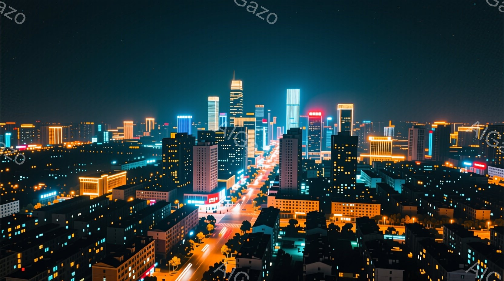 広大な都市の夜景が広がっており、高層ビル群がオレンジと白の光で輝いている。道路は光の帯のように見え、多数の車が行き交う様子がぼやけて捉えられている。全体的に、活気があり、未来的な雰囲気を感じさせる夜の - AI生成フリー素材