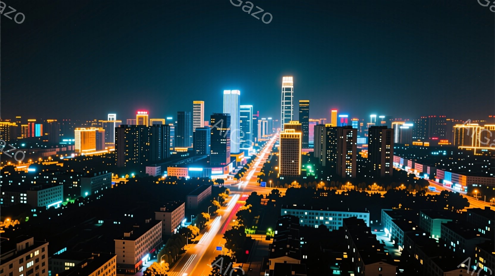 夜景が広がる都市の風景で、高層ビル群がオレンジと青色の光で照らされています。道路には車のライトの光跡が伸びており、活気のある都市の夜を表現しています。手前の建物は低く密集しており、背景にはそびえ立つ高 - AI生成フリー素材