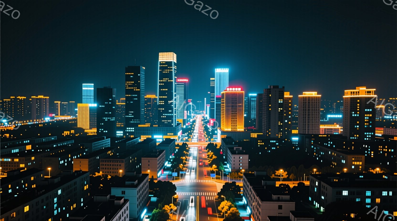 夜景が広がる都市の風景で、高層ビル群がオレンジと青色の光で照らされています。道路には車の光の筋が伸び、遠くまで続く直線的な構図が特徴的です。密集した建物と明るい光が、活気と未来的な雰囲気を醸し出してい - AI生成フリー素材