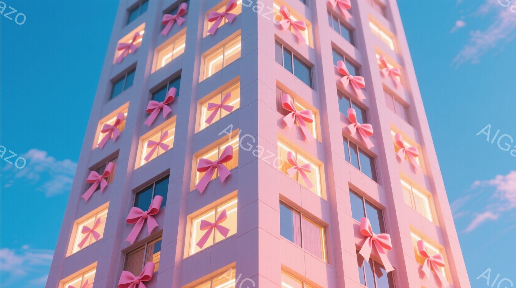 高層ビルがピンク色を基調とした、可愛らしい外観で描かれています。各窓には大きなピンクのリボンが飾られており、まるでプレゼントのように見えます。背景は淡いピンクと青の空で、穏やかで夢のような雰囲気を醸し - AI生成フリー素材