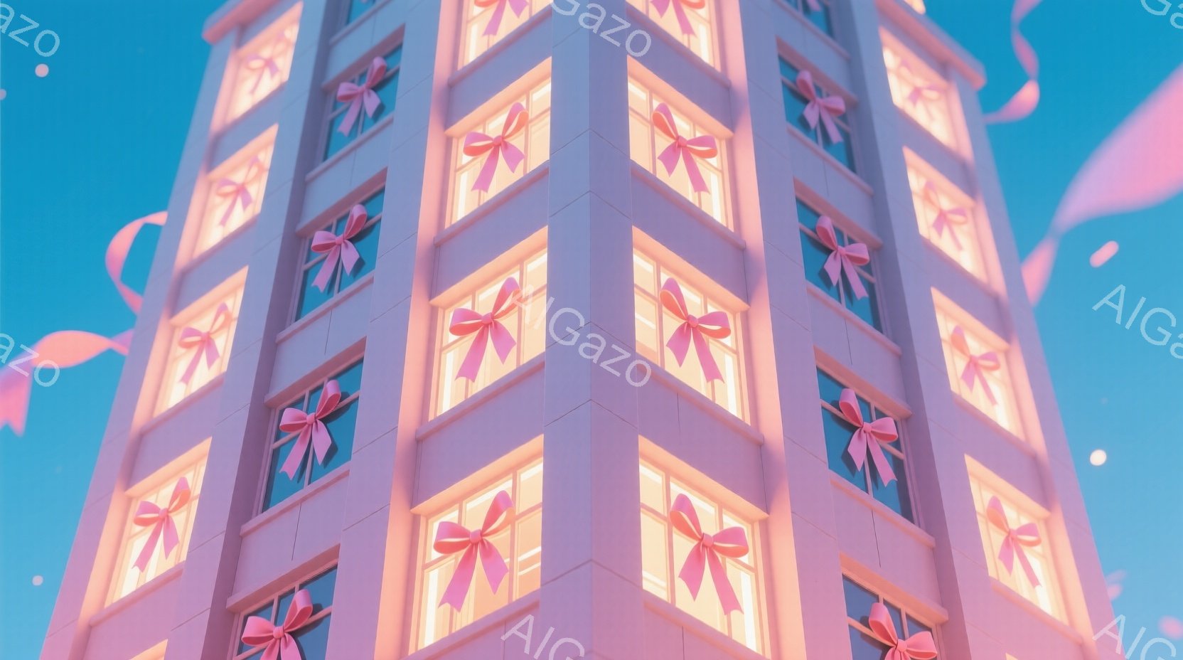 鮮やかなピンク色の建物が、空に向かって高くそびえ立っています。各窓には、可愛らしいピンクのリボンが結ばれており、光が暖かく灯っています。背景は淡い水色で、ピンク色のリボンが舞い散る様子が、夢のような雰 - AI生成フリー素材