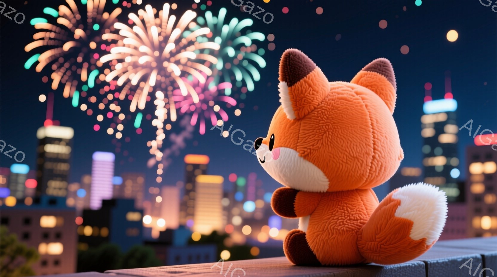 明るいオレンジ色のぬいぐるみキツネが、夜の街並みを背景に座っています。キツネは少し背を丸め、楽しそうに夜空に打ち上げられる花火を見上げています。背景には、光り輝く高層ビル群が広がり、夜空には星が散りば - AI生成フリー素材