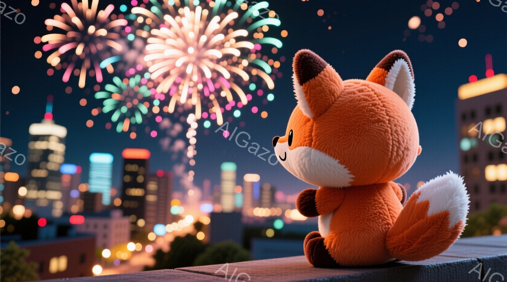明るいオレンジ色の毛並みを持つ、ふわふわとしたキツネのぬいぐるみです。都市の夜景を背景に、壁に座って遠くの花火を見ているようです。背景には、きらめく都市の光と、空中で咲き乱れる美しい花火が広がり、暖か - AI生成フリー素材