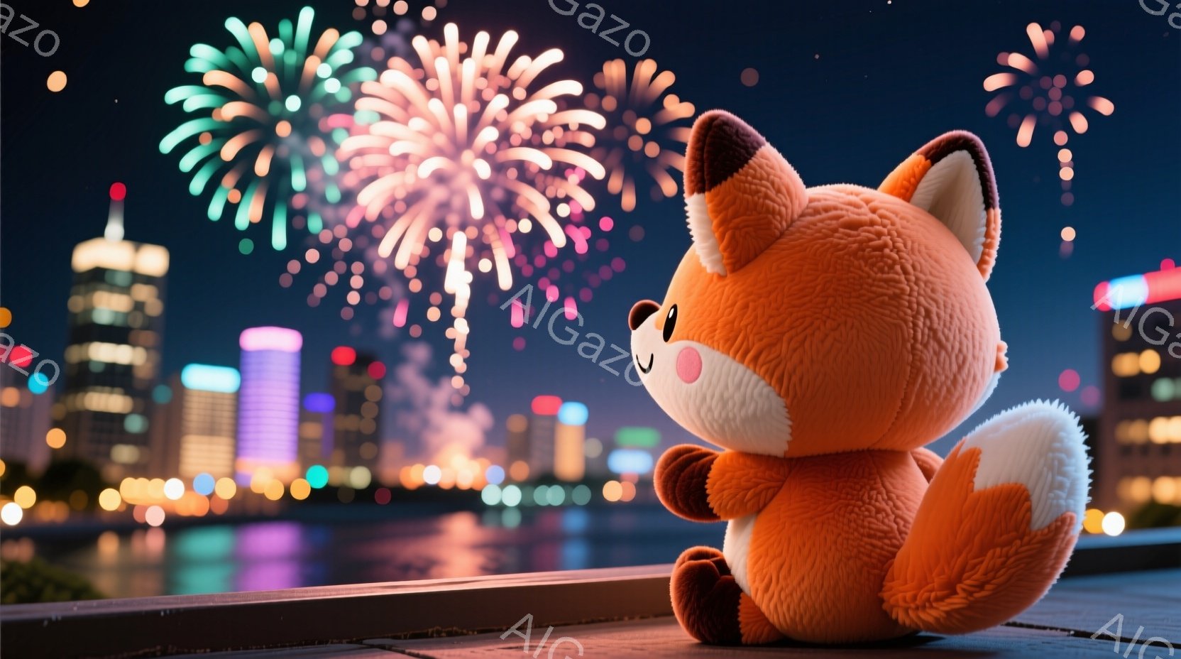 明るいオレンジ色のふわふわした狐のぬいぐるみは、暗い夜空を背景に都市の夜景を眺めています。背景には、光り輝く都市の建物と、夜空に咲き誇る鮮やかな花火が広がっており、幻想的な雰囲気を醸し出しています。狐 - AI生成フリー素材