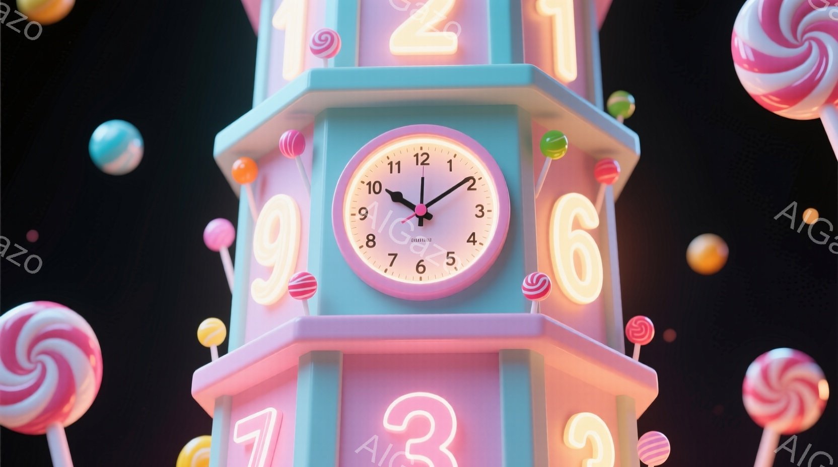鮮やかなピンクと水色のキャンディのような時計台が、暗い背景に浮かんでいます。時計台の側面には数字が並び、周りには様々な色のキャンディが浮遊しており、遊び心のある雰囲気です。全体的にパステルカラーで統一され、甘くて夢のような世界観が表現されています。