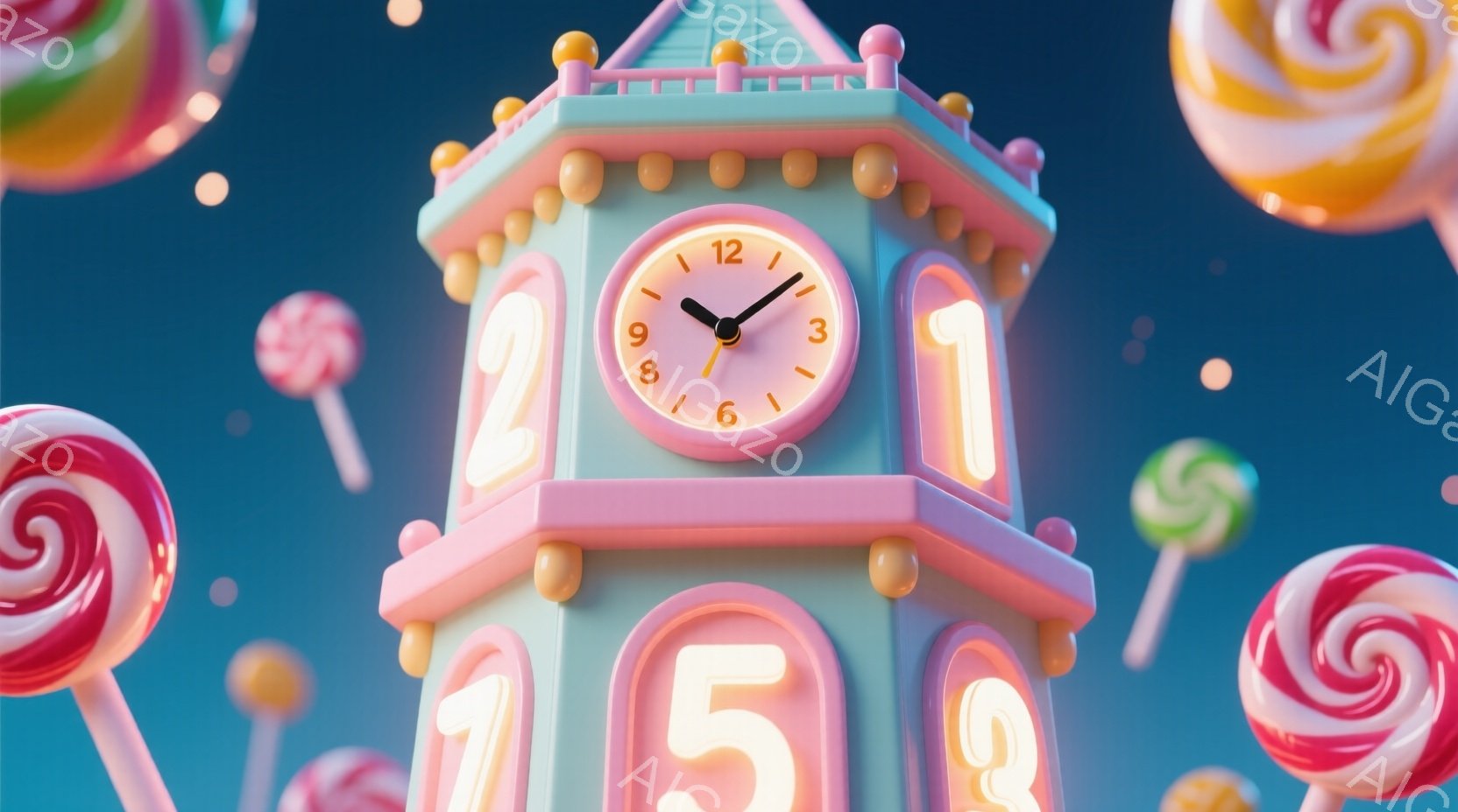 鮮やかな水色の背景に、お菓子の家のようなデザインの時計台が浮かんでいます。時計台はピンク色を基調とし、大きな数字が配置され、キャンディのような装飾が施されています。背景には、様々な色のキャンディや棒付きキャンディが浮かび、甘くて夢幻的な雰囲気を醸し出しています。