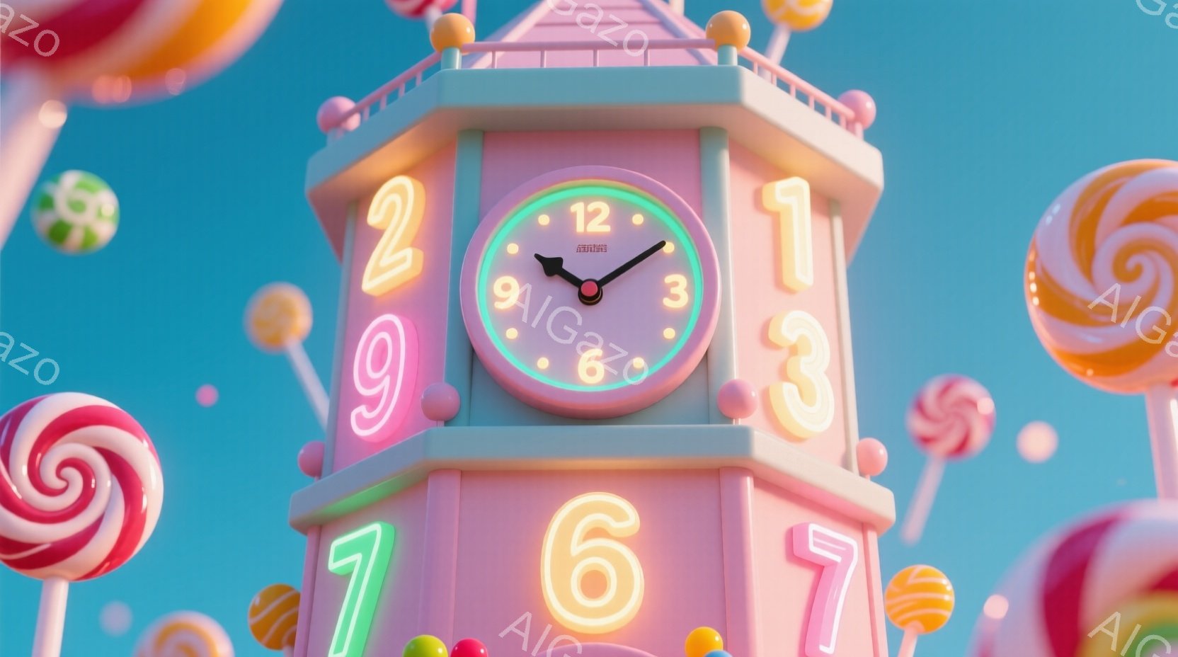 パステルピンクの時計台が、カラフルなキャンディに囲まれて浮かんでいます。時計の文字盤はシンプルなデザインで、時間は3時ちょうどを示しています。背景は水色の空で、全体的に甘くて夢のような雰囲気が漂っています。