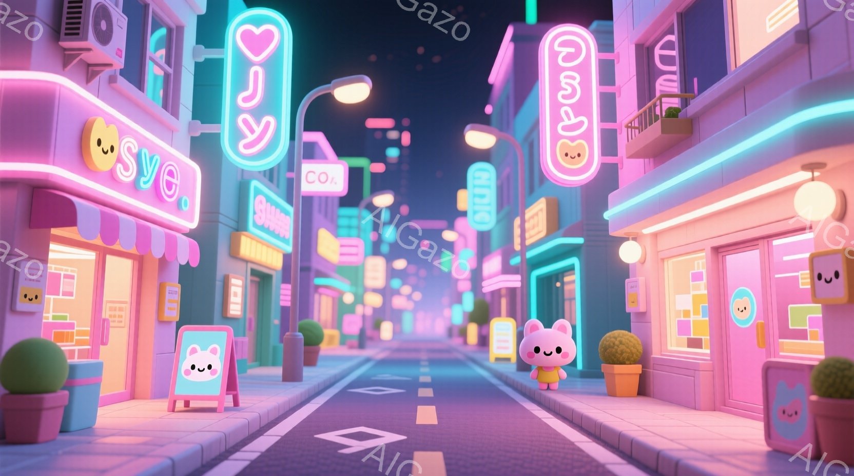 鮮やかなピンクと紫色のネオンが輝く、可愛らしい街並みが描かれています。道路沿いには、かわいらしいキャラクターのロゴが入ったお店が並び、可愛らしい盆栽や看板が点在しています。全体的に夢のような雰囲気で、 - AI生成フリー素材