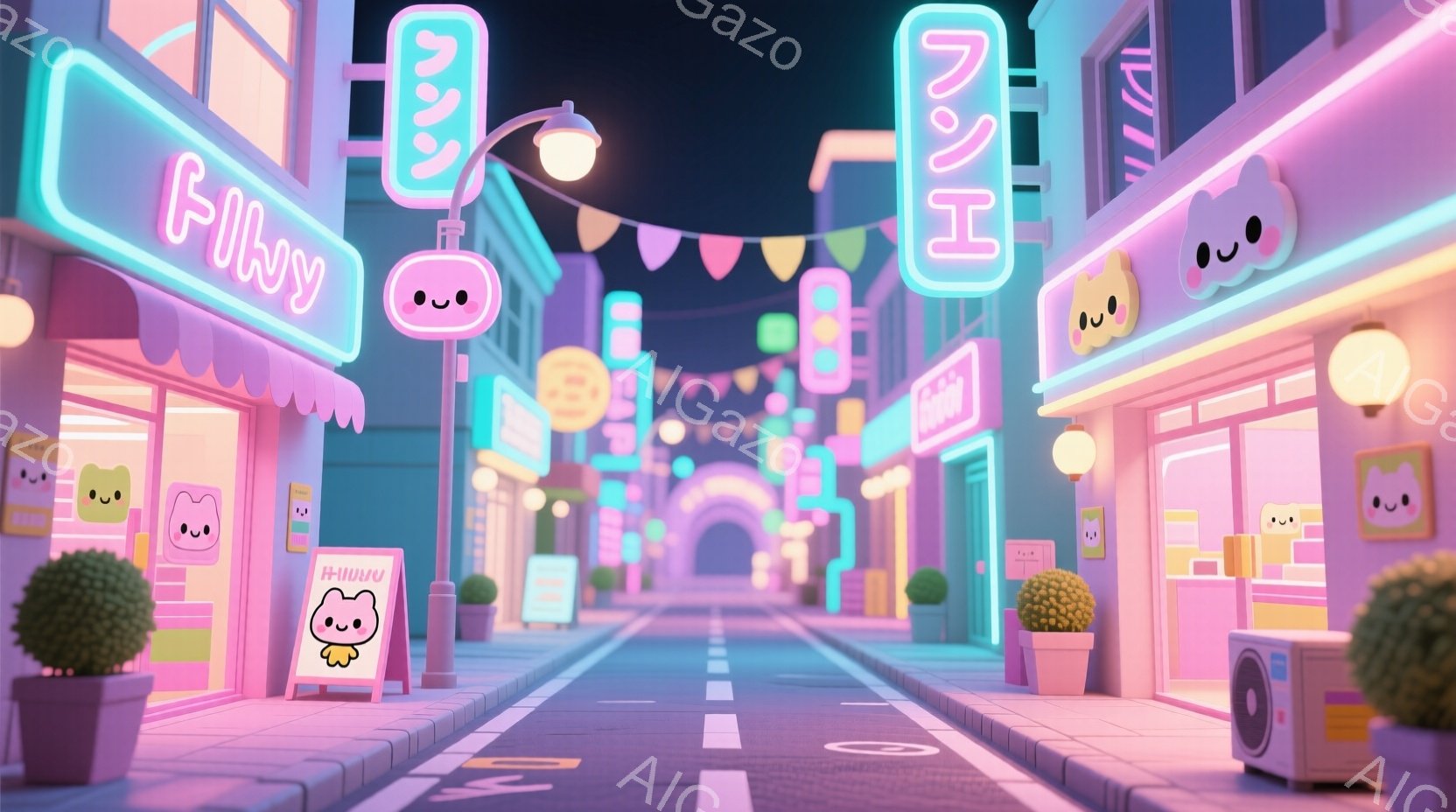 夜の街並みが描かれており、パステルカラーの建物が整然と並んでいます。可愛らしい顔文字のイラストが看板や建物の装飾に用いられ、全体的に柔らかく幻想的な雰囲気を醸し出しています。道路は少し照らされており、 - AI生成フリー素材