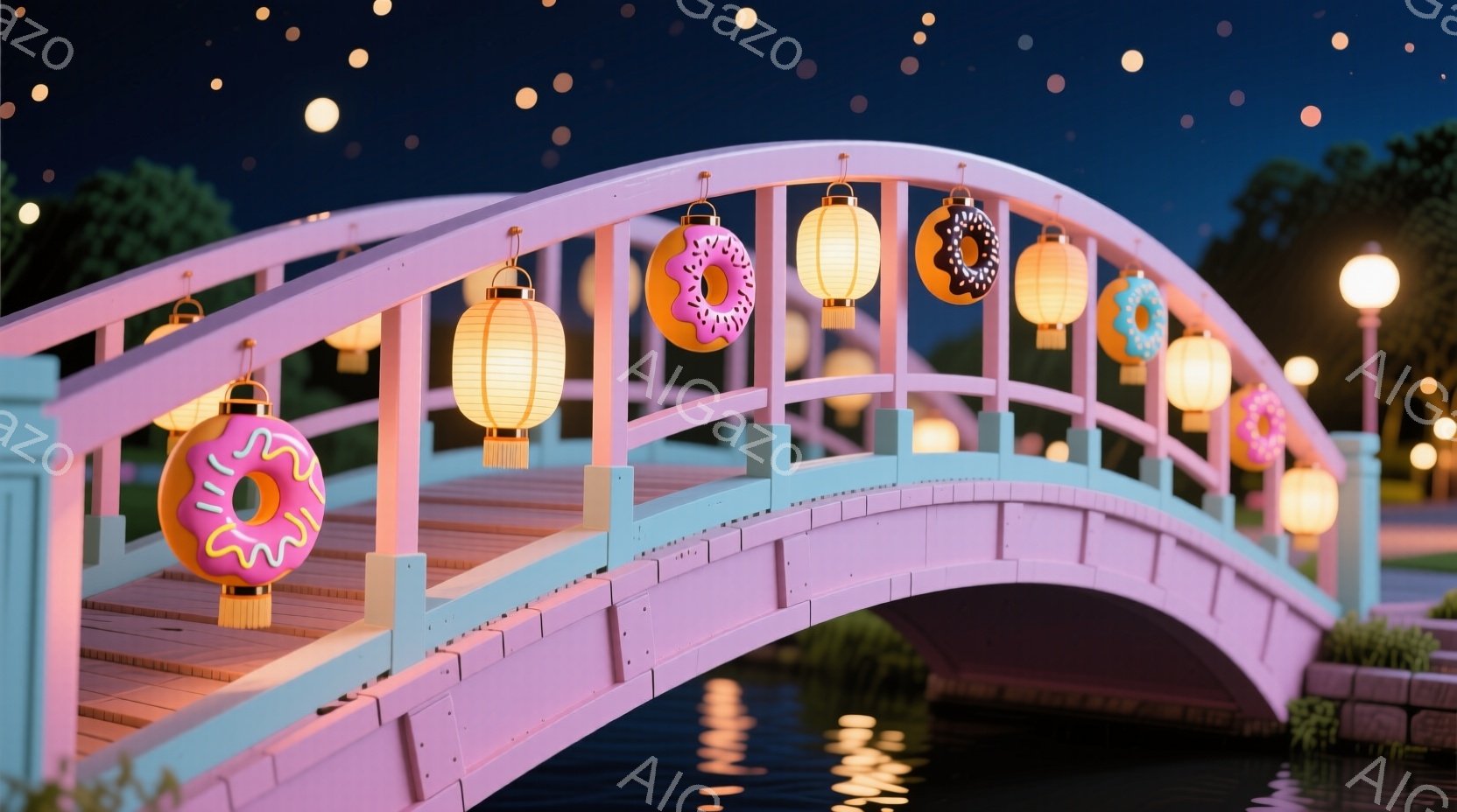淡いピンク色のアーチ橋が、夜の穏やかな水面に架かっている様子が描かれている。橋にはドーナツ型の提灯が飾られており、水面には光が反射している。背景には緑豊かな木々が見え、全体的に幻想的で可愛らしい雰囲気 - AI生成フリー素材
