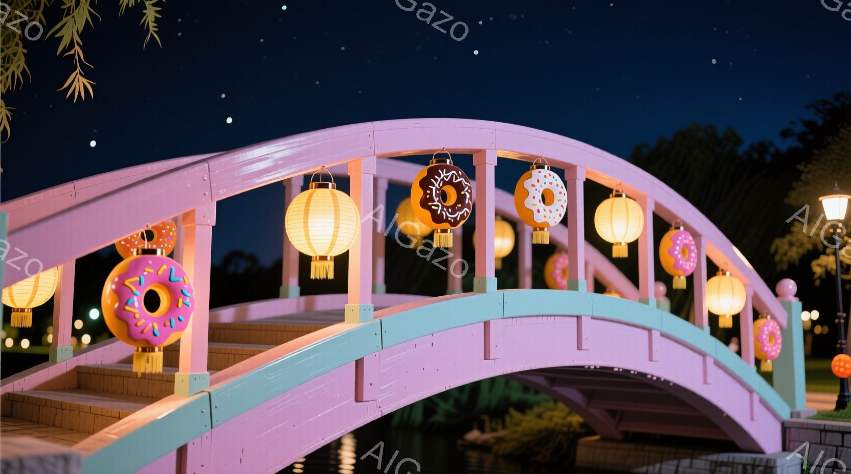 ピンクと水色のアーチ橋が夜空の下、ドーナツ型の提灯で飾り付けられています。橋の下には水面が広がり、周囲には緑豊かな木々がうっそうと茂り、幻想的な雰囲気を醸し出しています。夜空には星が輝き、全体的に甘くて可愛らしい、夢のような光景です。