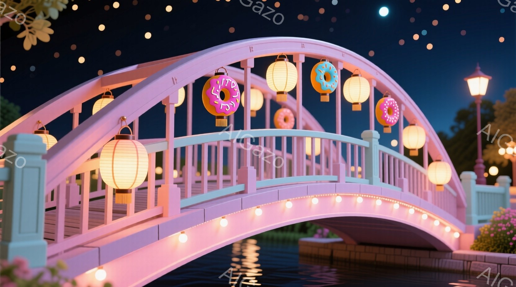 淡いピンク色の橋が穏やかな水面にかかり、カラフルなドーナツ型の提灯が飾られています。橋の周りには緑豊かな植物が咲き乱れ、夜空には無数の星が輝き、夢のような雰囲気を醸し出しています。全体的に暖かく、幻想的で、まるで絵本の中の世界のようです。