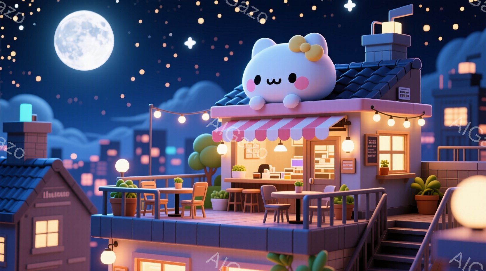 屋上には可愛らしいカフェがあり、ストライプのテントと温かい光で飾られています。背景には夜の街並みが広がり、星空と月が幻想的な雰囲気を醸し出しています。全体的に柔らかい色使いと暖かな光が、安らぎと穏やか - AI生成フリー素材