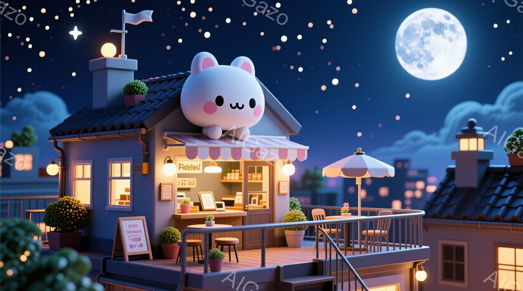 夜の街並みを背景に、屋上にある可愛らしいカフェが描かれています。カフェは猫をモチーフにしたユニークなデザインで、温かい光が灯り、心地よい雰囲気を醸し出しています。周囲には他の建物が立ち並び、星空と月が - AI生成フリー素材