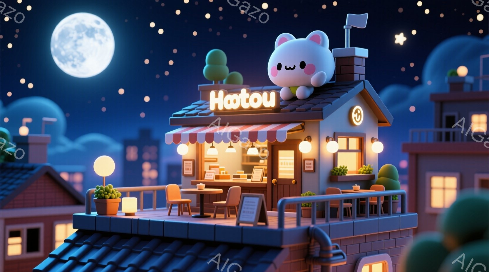 夜空に浮かぶ屋上カフェが描かれています。可愛らしい猫の顔が描かれた建物は、温かい光で照らされ、いくつかのテーブルと椅子が並んでいます。背景には、他の建物や星空が広がり、幻想的で穏やかな雰囲気を醸し出し - AI生成フリー素材