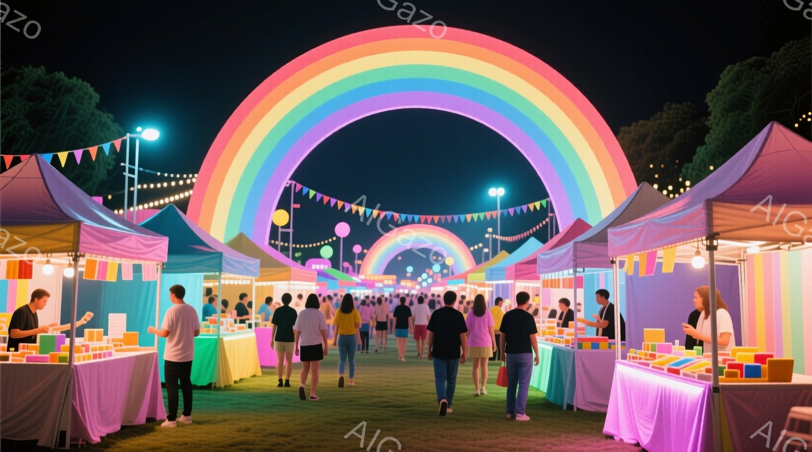 夜間に開催されている屋外のマーケットで、多くの人々が賑やかに歩き回っています。カラフルな屋台が並び、それぞれのテーブルには商品が並べられており、人々は買い物や散策を楽しんでいるようです。背景には緑豊かな木々が見え、アーチ状の虹色の照明が華やかな雰囲気を醸し出しています。